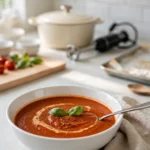 Bowl of creamy roasted tomato soup with a cream swirl, basil leaves, and cracked black pepper