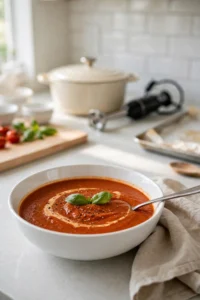 Bowl of creamy roasted tomato soup with a cream swirl, basil leaves, and cracked black pepper