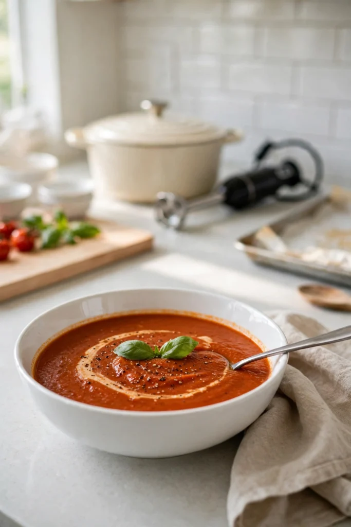 Bowl of creamy roasted tomato soup with a cream swirl, basil leaves, and cracked black pepper