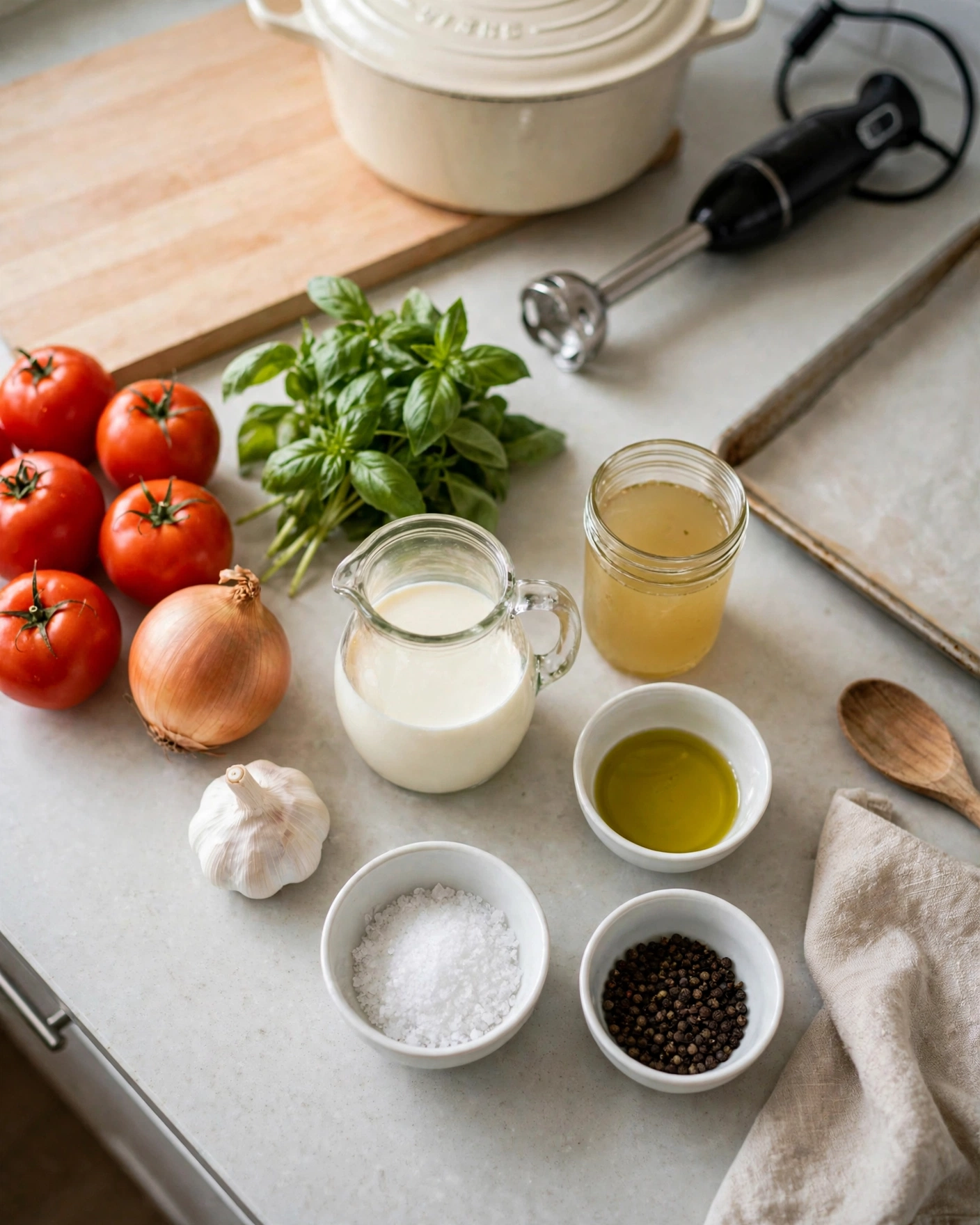 Raw ingredients for roasted tomato soup laid out on a counter