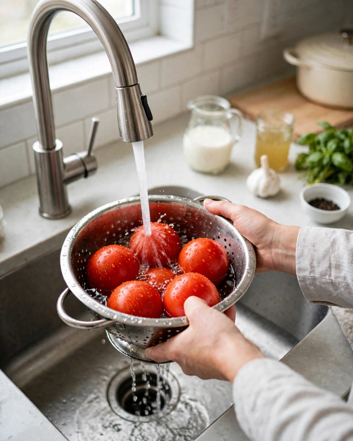 Rinsing whole tomatoes in a colander under running water