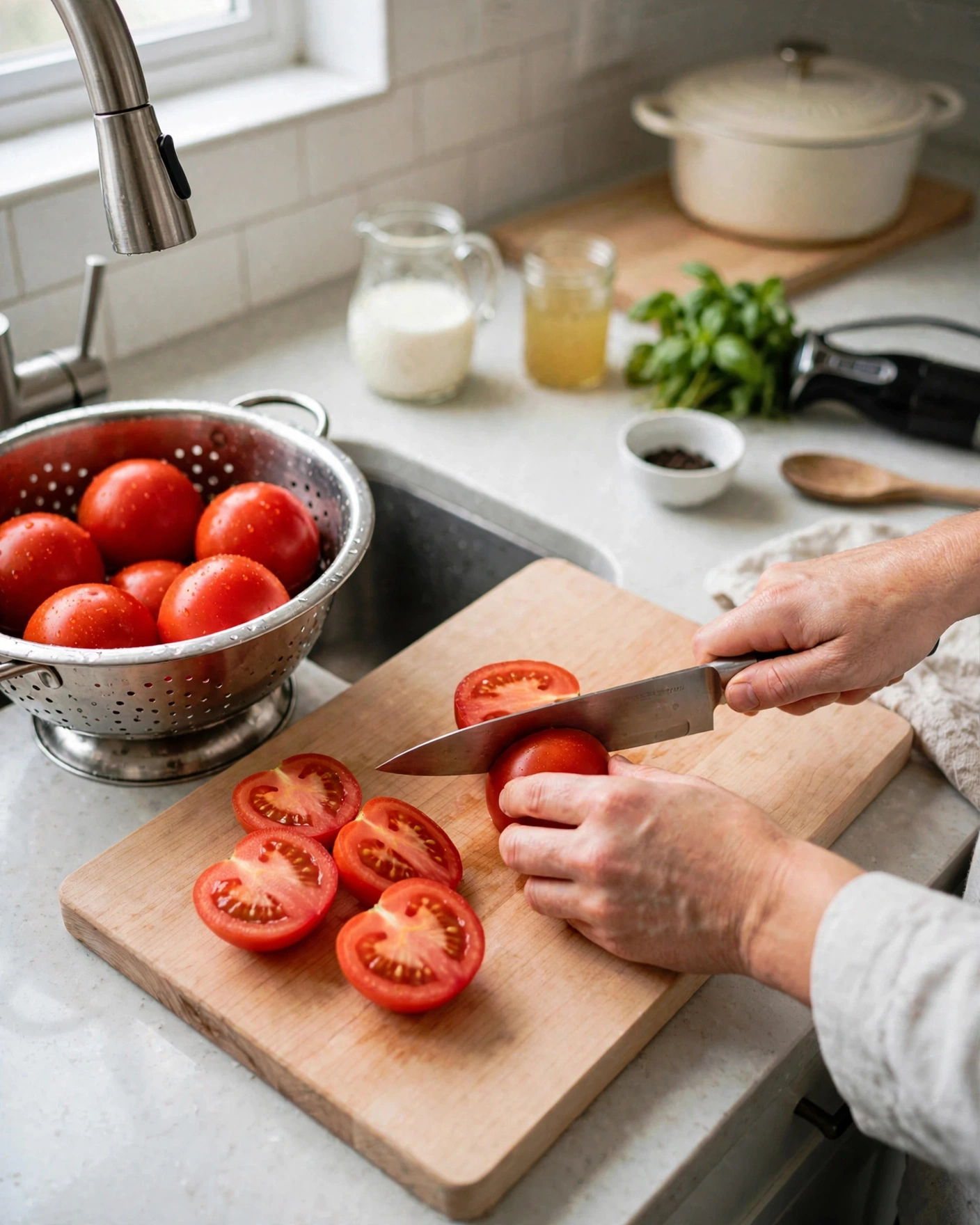 Slicing a tomato in half lengthwise on a cutting board