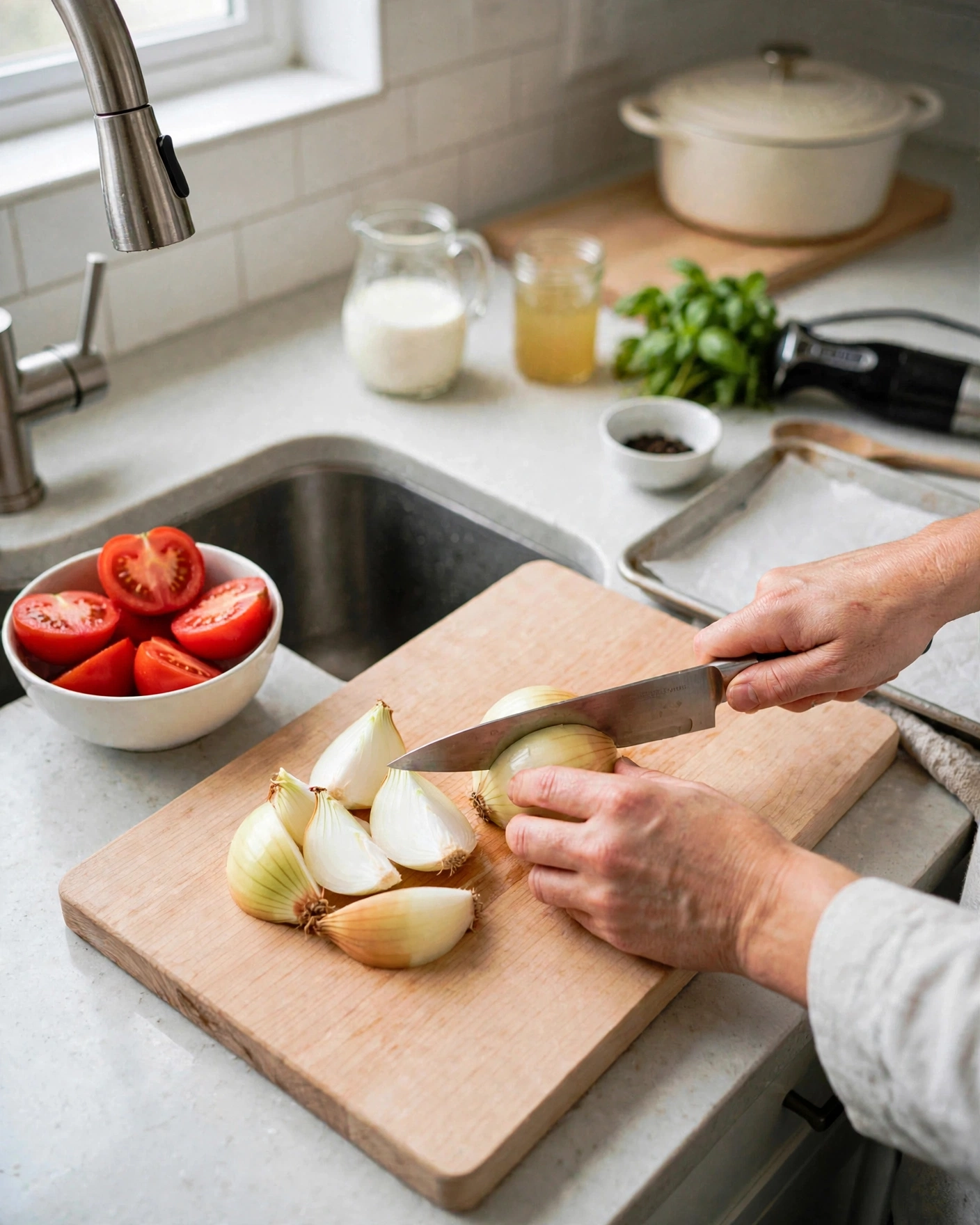 Cutting a peeled onion into thick wedges