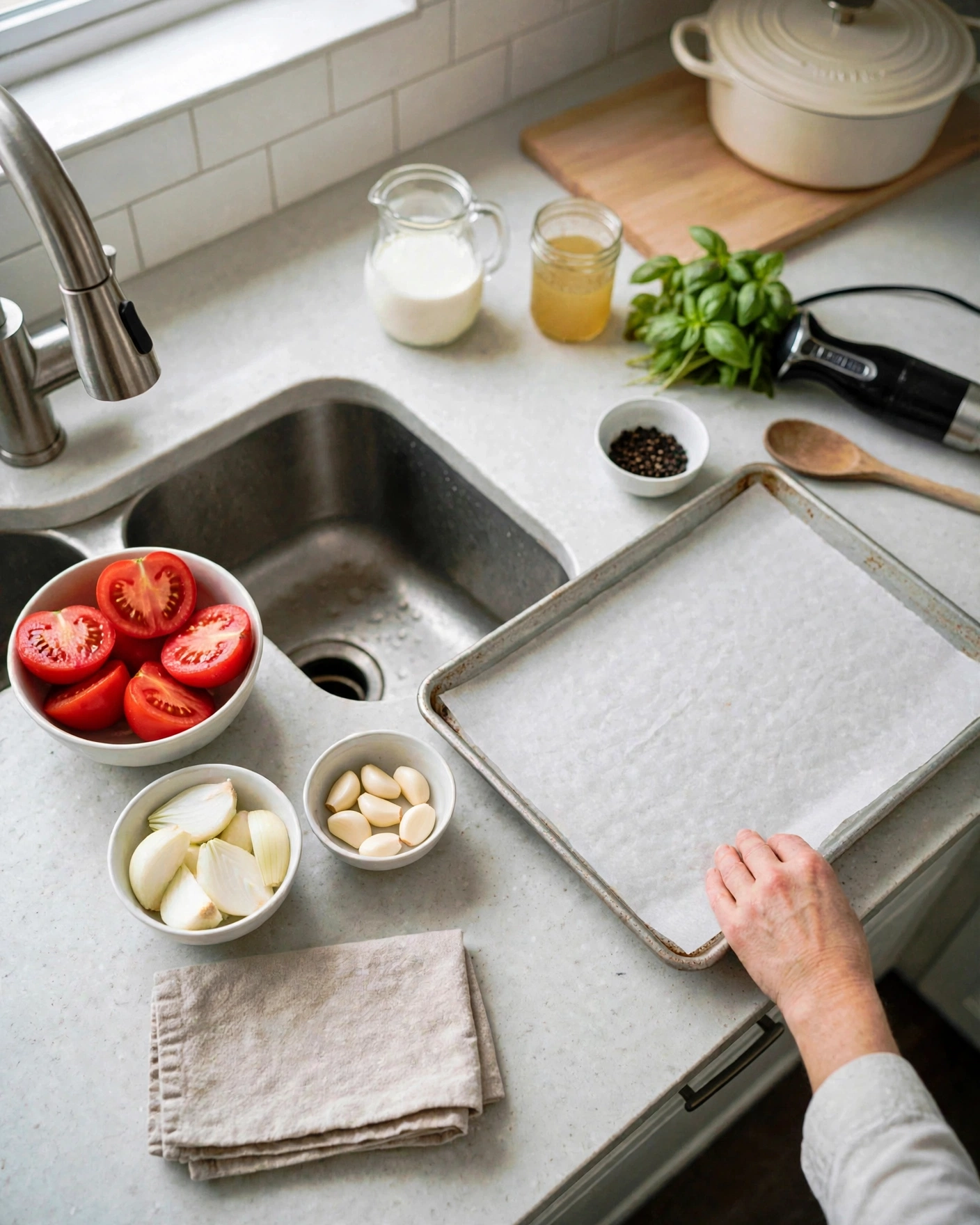 Lining a rimmed baking sheet with parchment paper