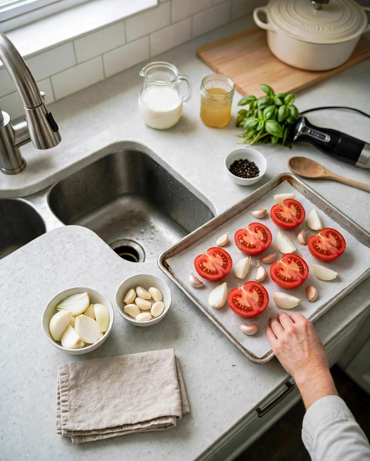 Onion wedges and unpeeled garlic cloves scattered around the tomatoes