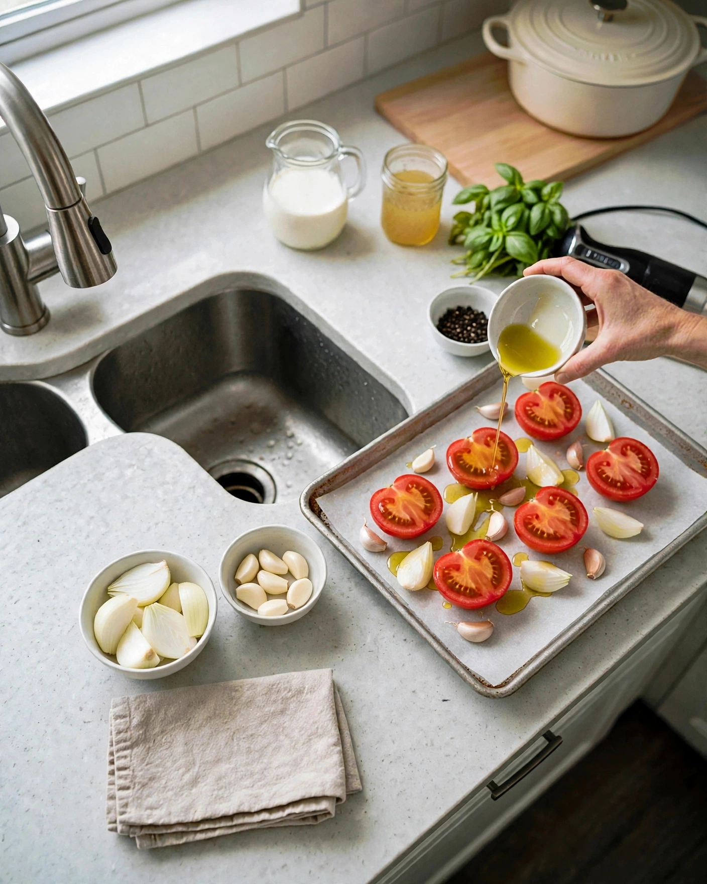 Drizzling olive oil over the tomatoes, onion, and garlic