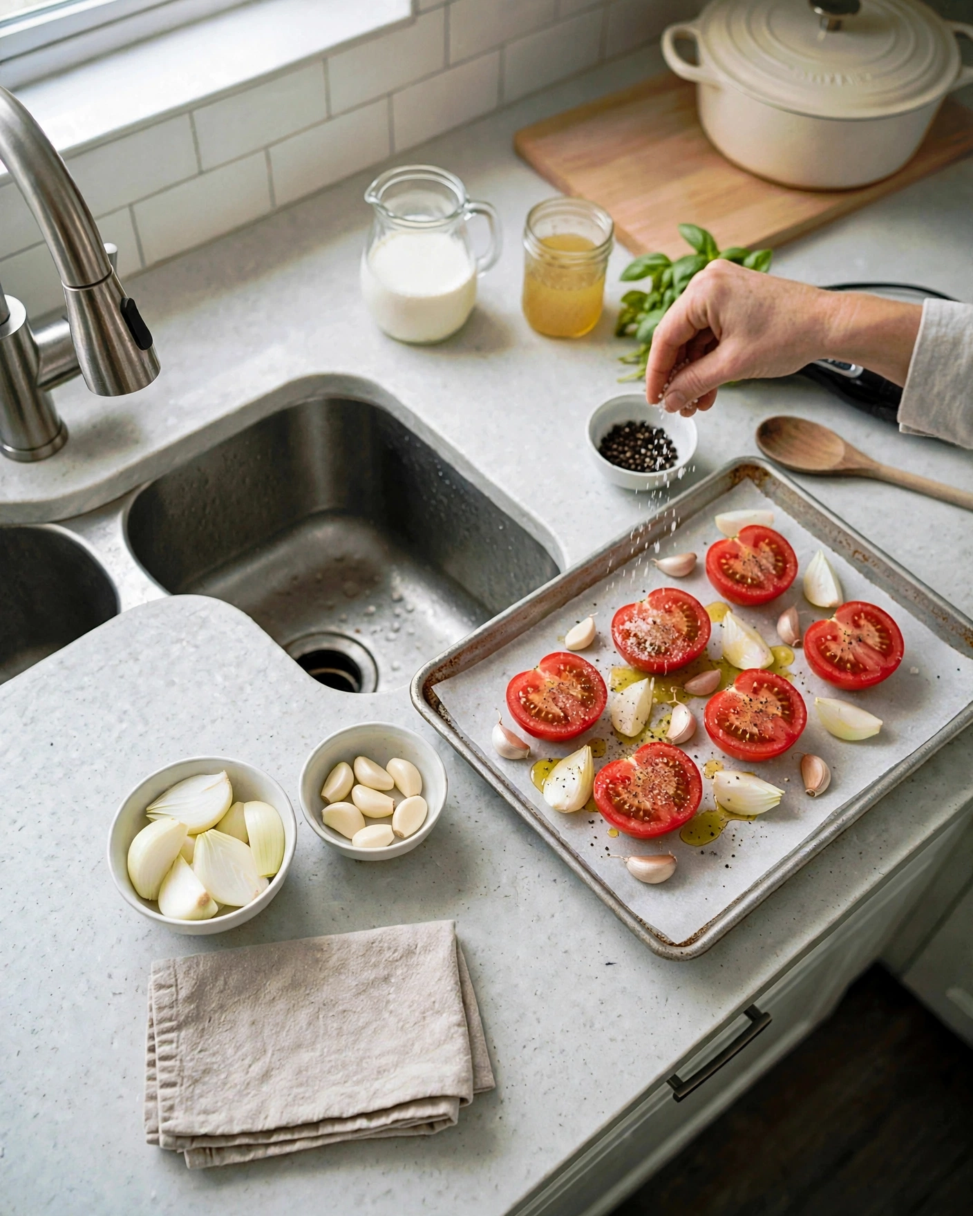 Sprinkling coarse salt over the oiled vegetables