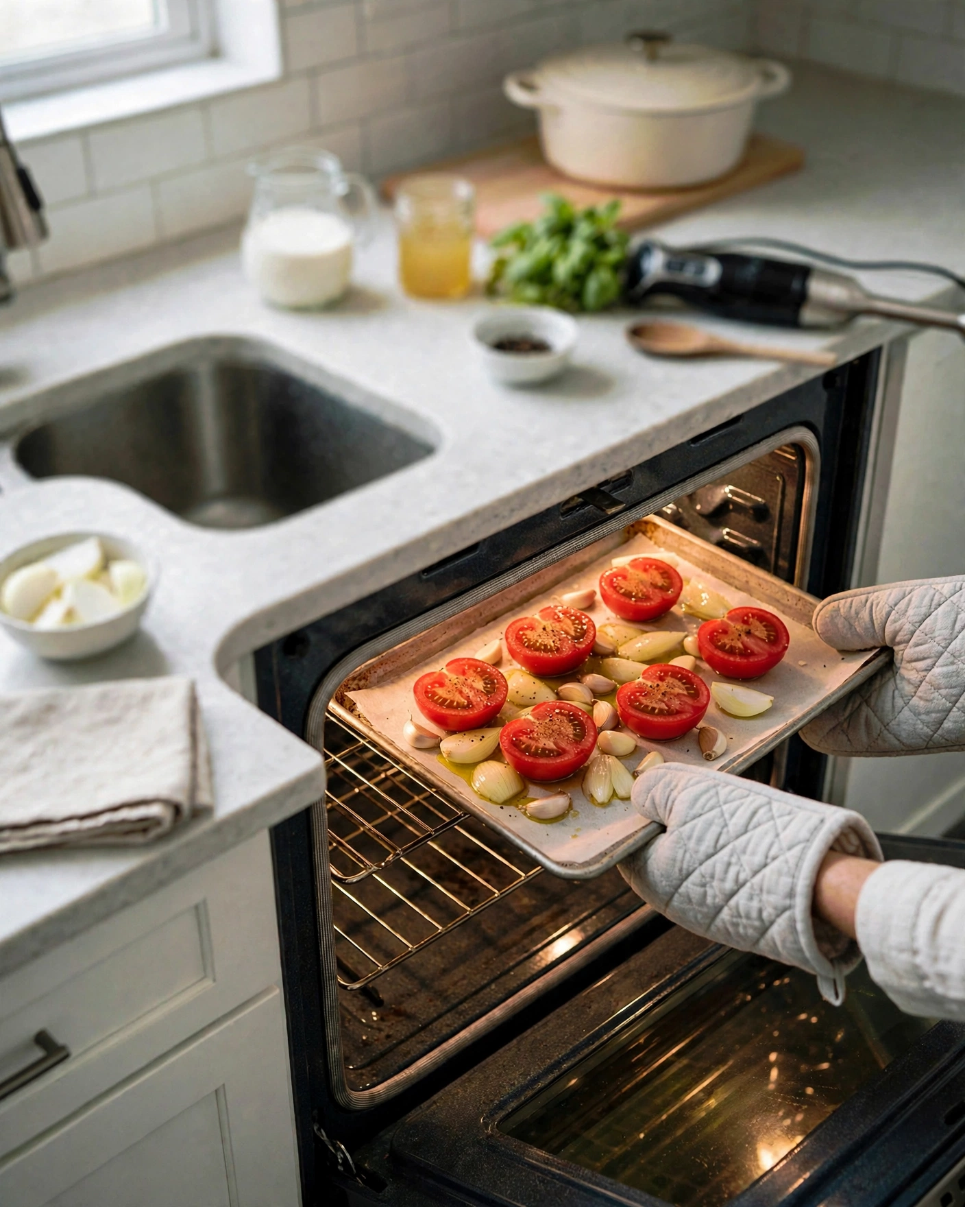 Sliding the baking sheet into the oven with oven mitts