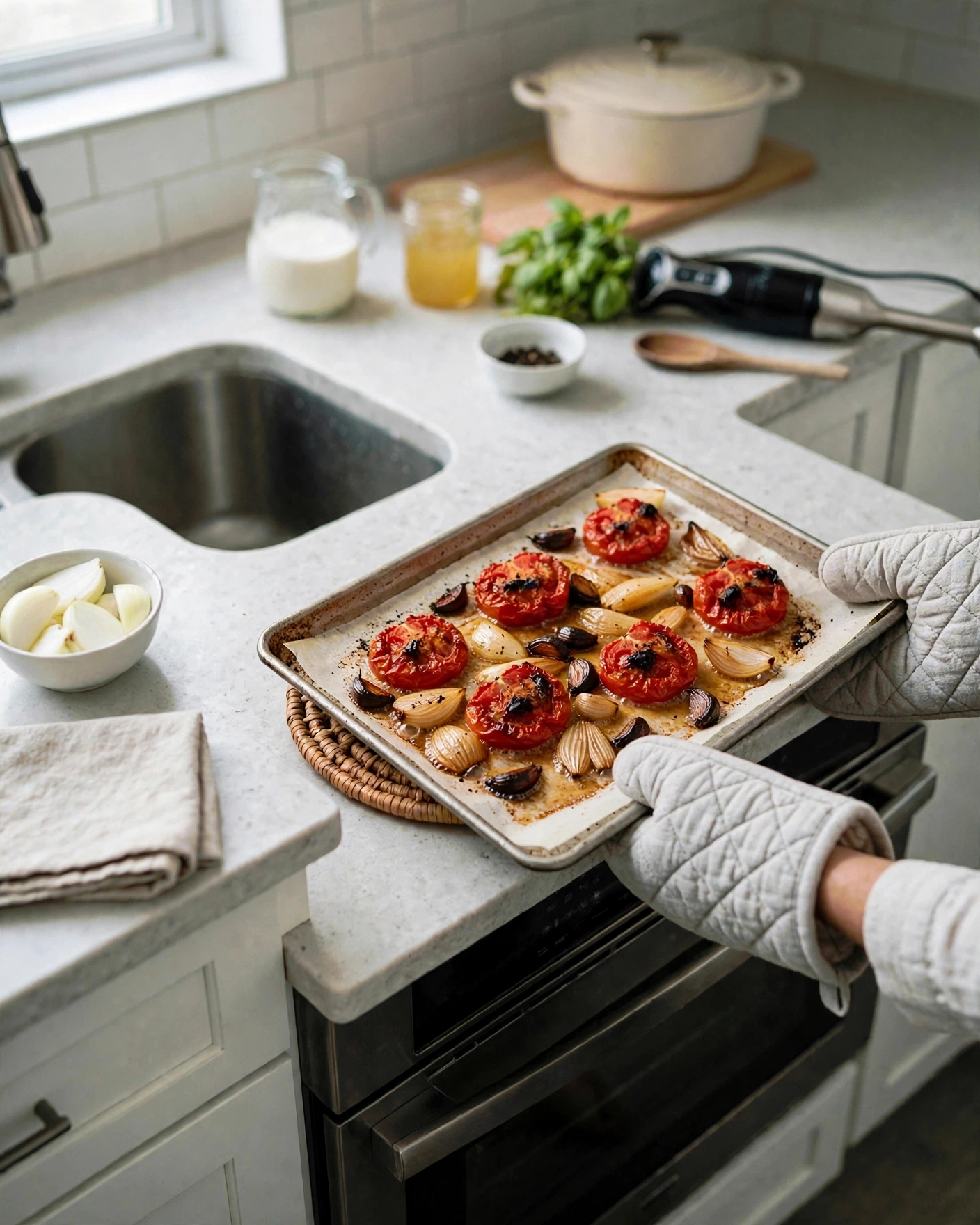 Roasted tomatoes, onion, and garlic with caramelized edges on the sheet