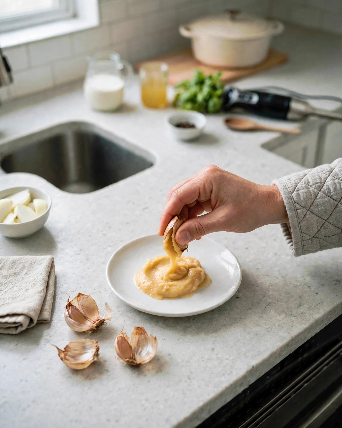 Squeezing soft roasted garlic paste out of its skin