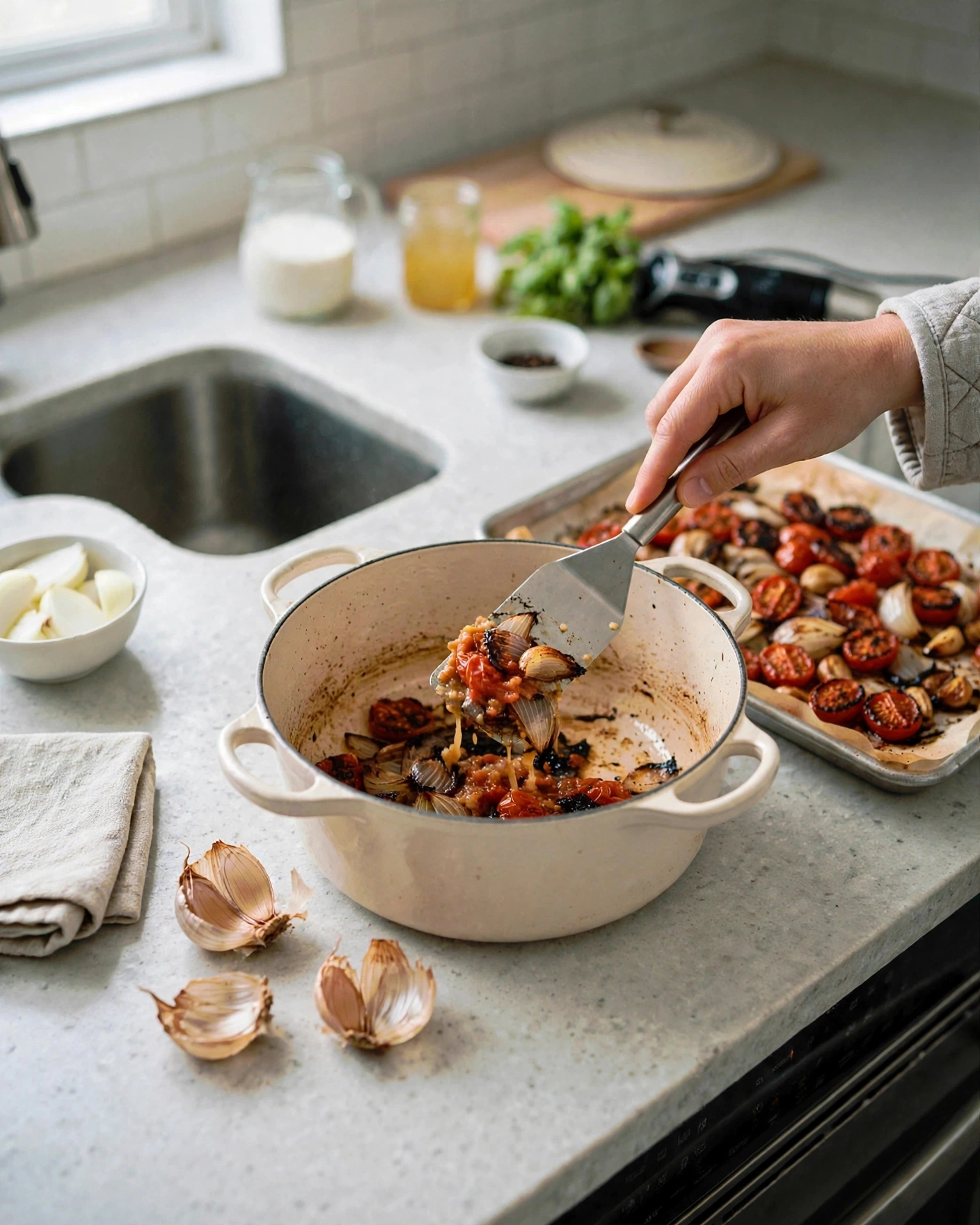 Scraping roasted vegetables and pan juices into a Dutch oven