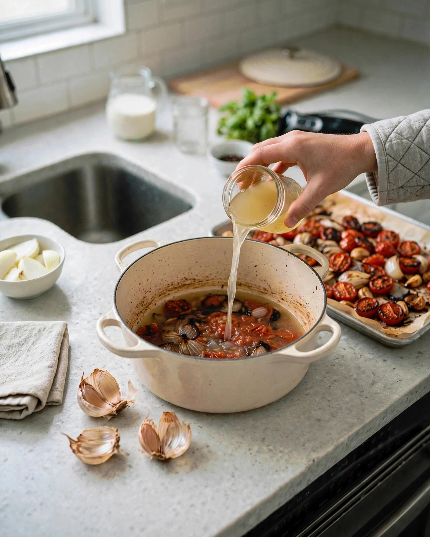 Pouring vegetable broth over the roasted vegetables