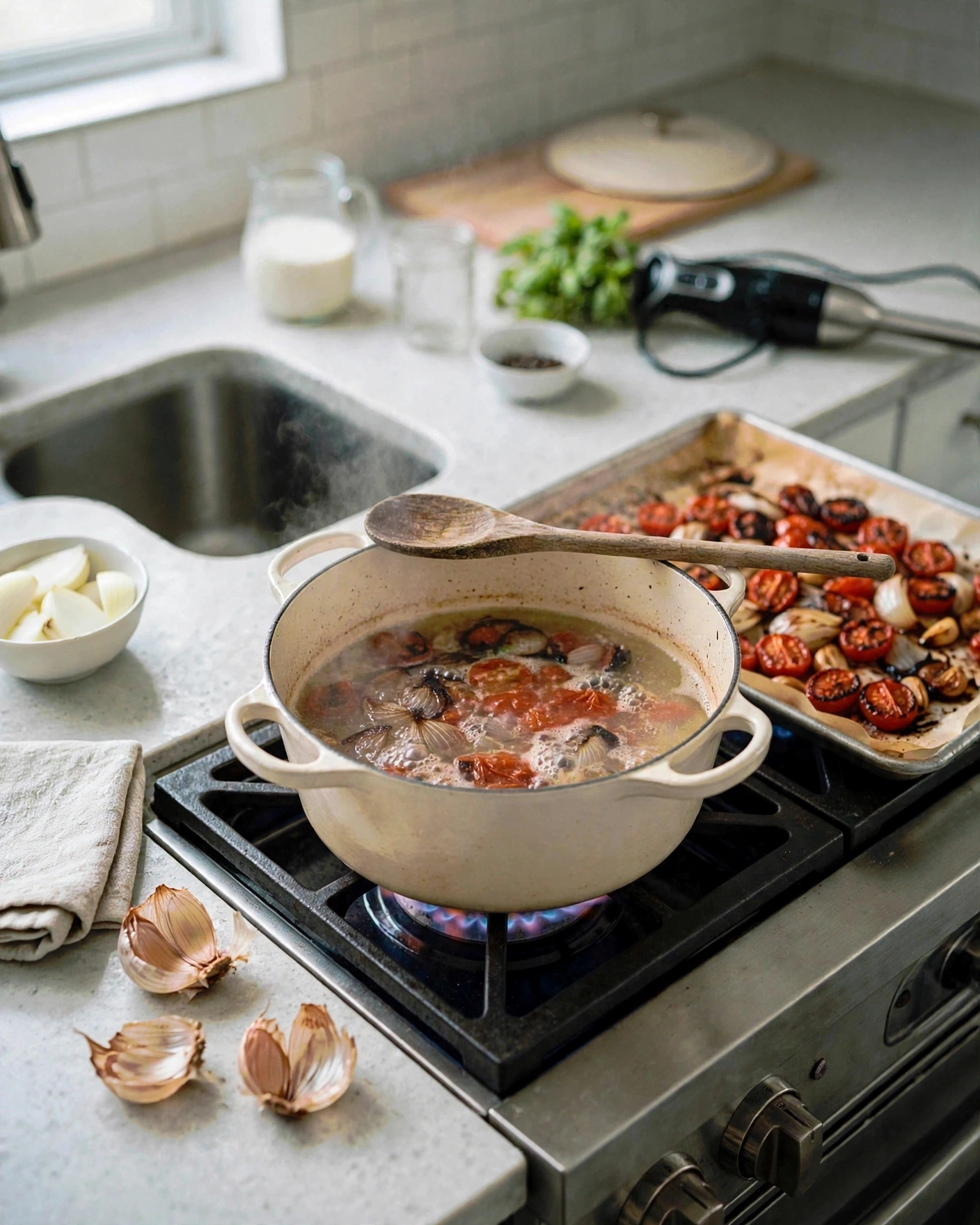 Soup at a gentle simmer with small bubbles at the edges