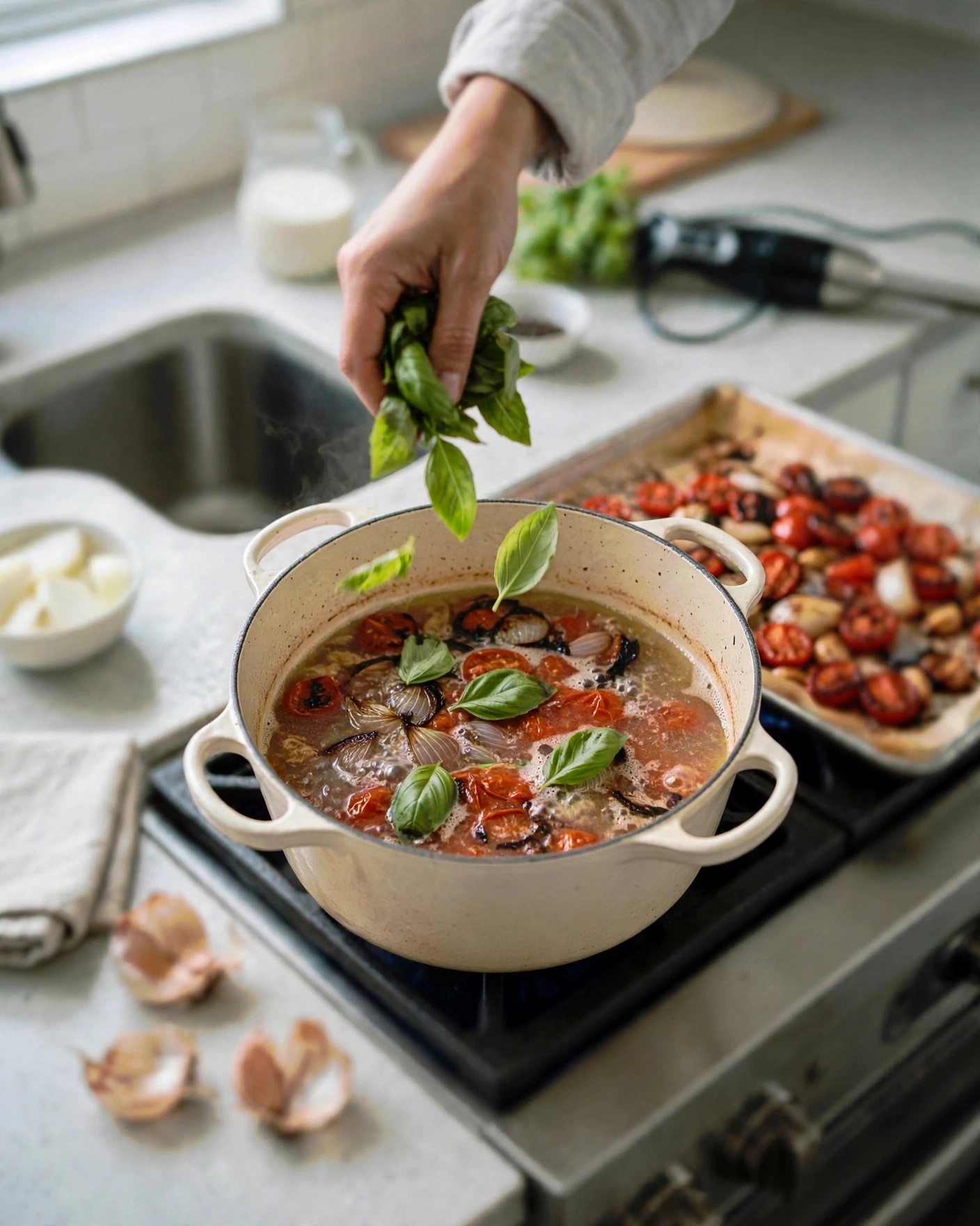 Fresh basil leaves added to the simmering soup
