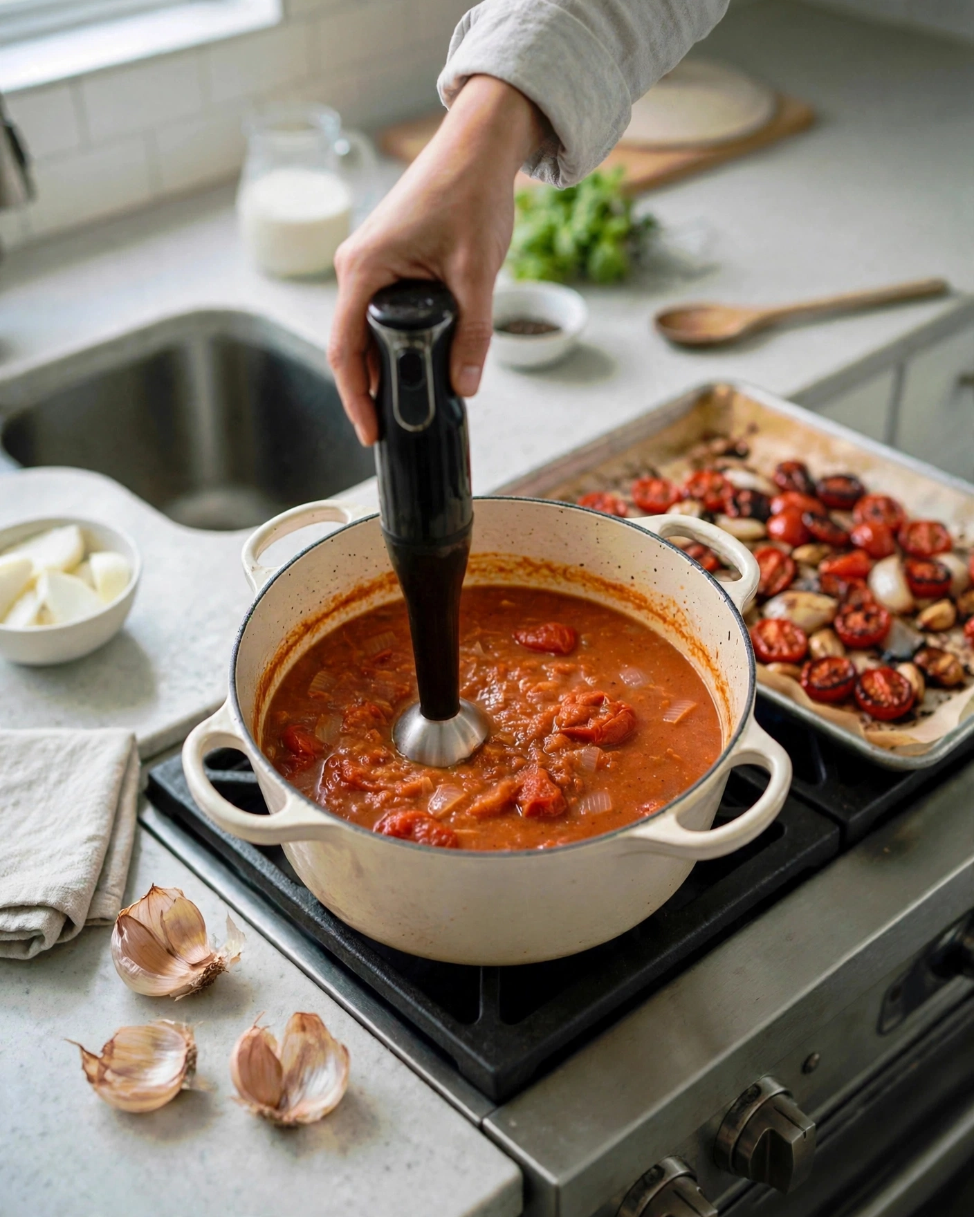 Blending the soup with an immersion blender