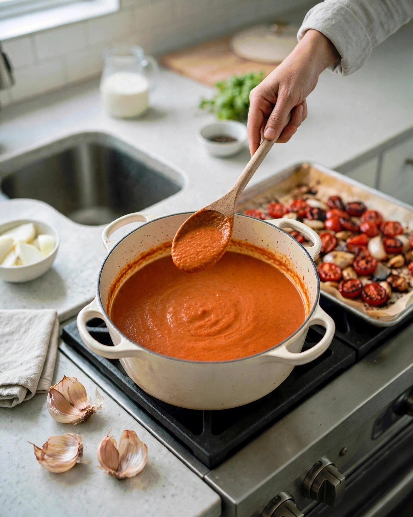 Wooden spoon coated in smooth, velvety blended soup