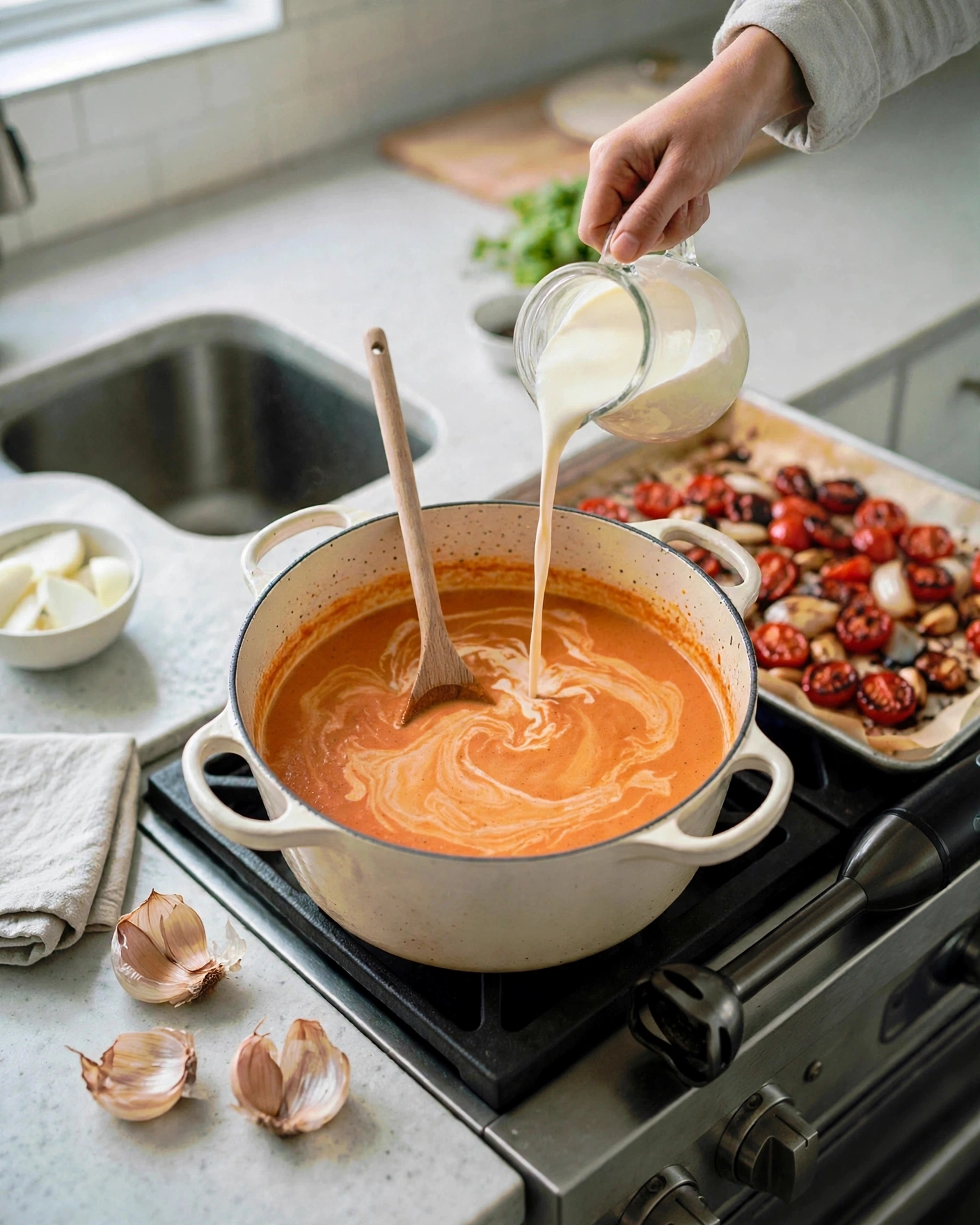 Pouring heavy cream into the blended soup while stirring