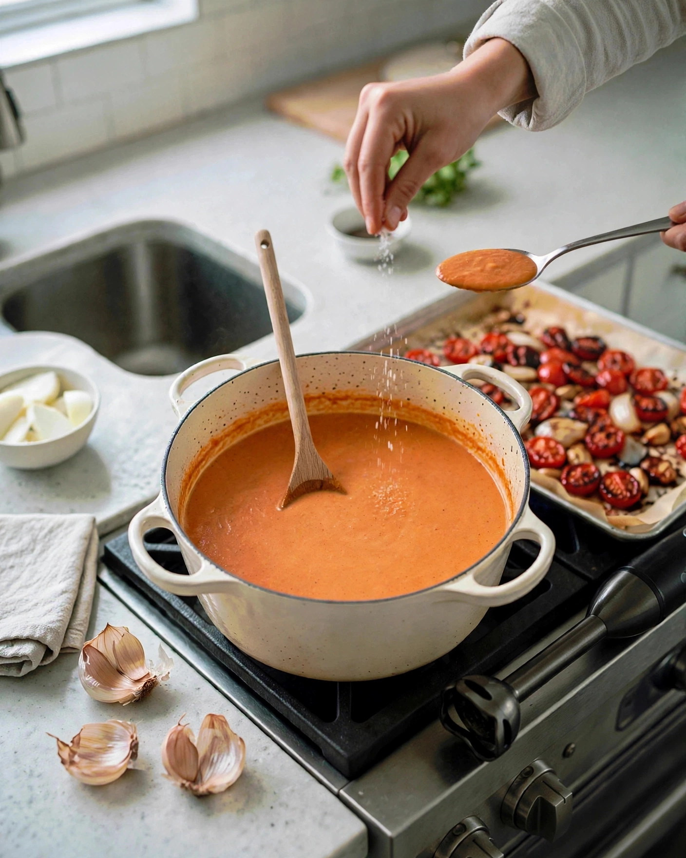 Pinching salt into the finished creamy soup