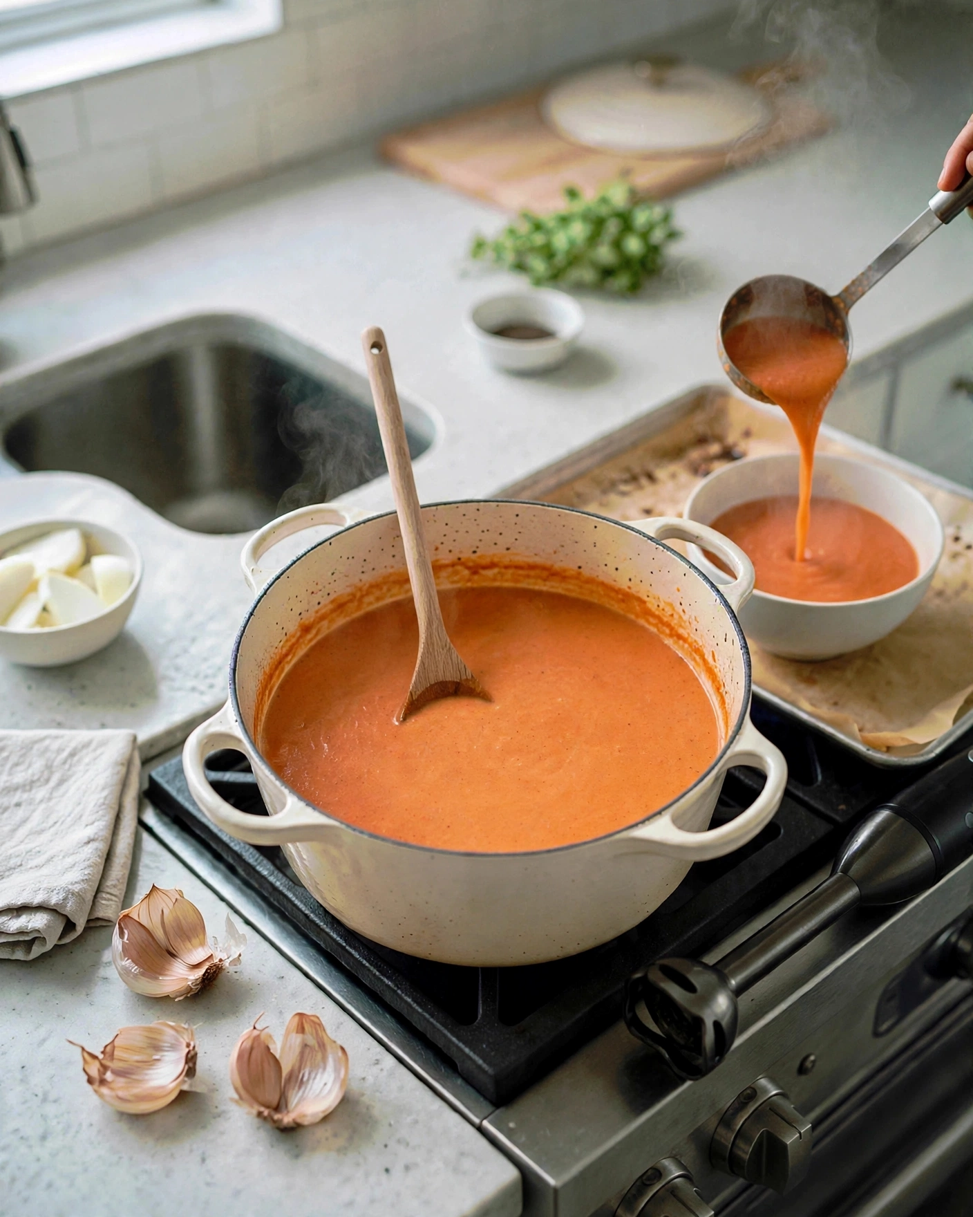Ladling smooth tomato soup into a white bowl