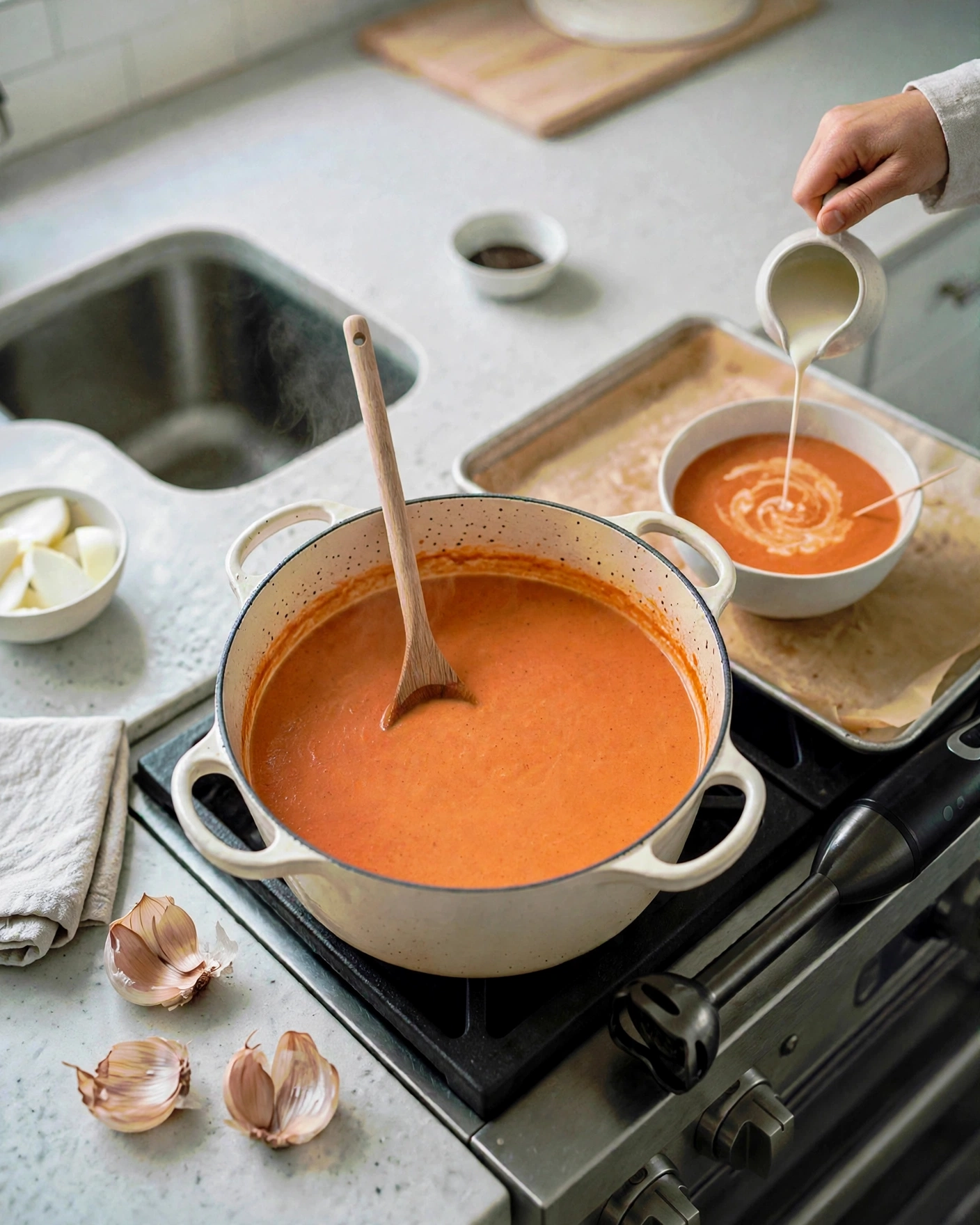 Swirling cream over the surface of the soup