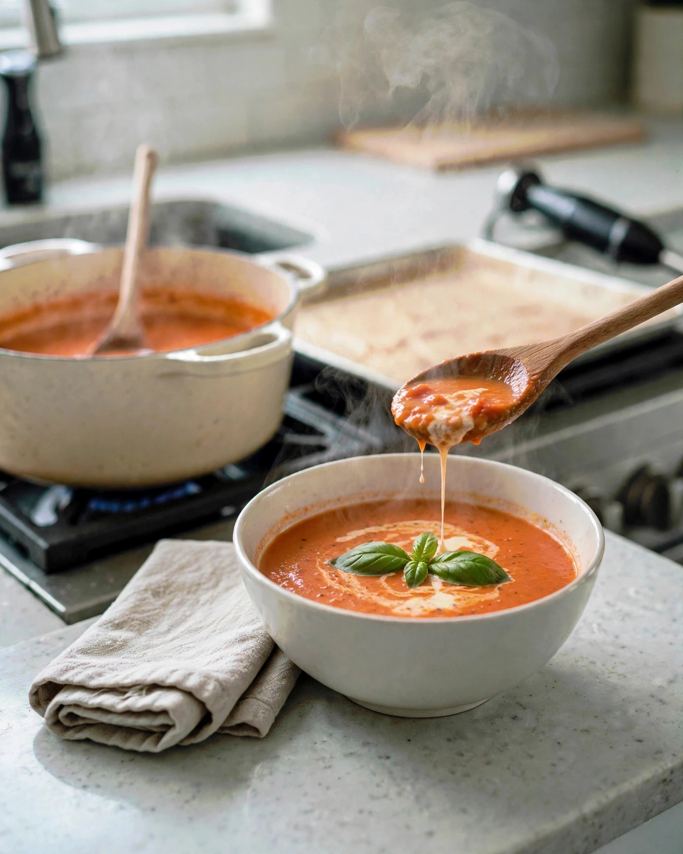 Spoon lifting creamy roasted tomato soup from the bowl