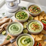 Five avocado dips in bowls on a wooden board with tortilla chips and vegetables