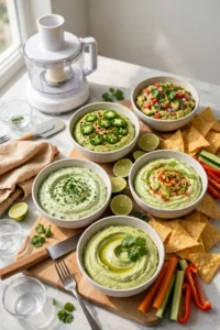 Five avocado dips in bowls on a wooden board with tortilla chips and vegetables