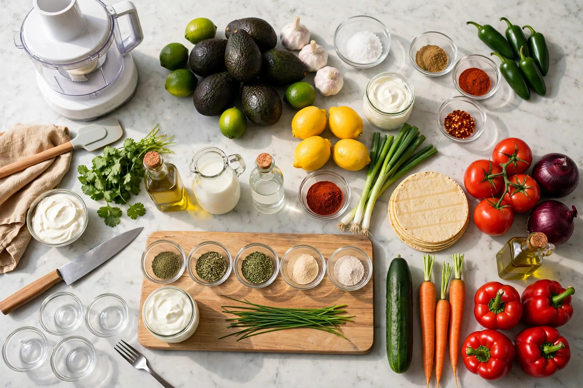 Avocado dip ingredients grouped by recipe on a marble counter