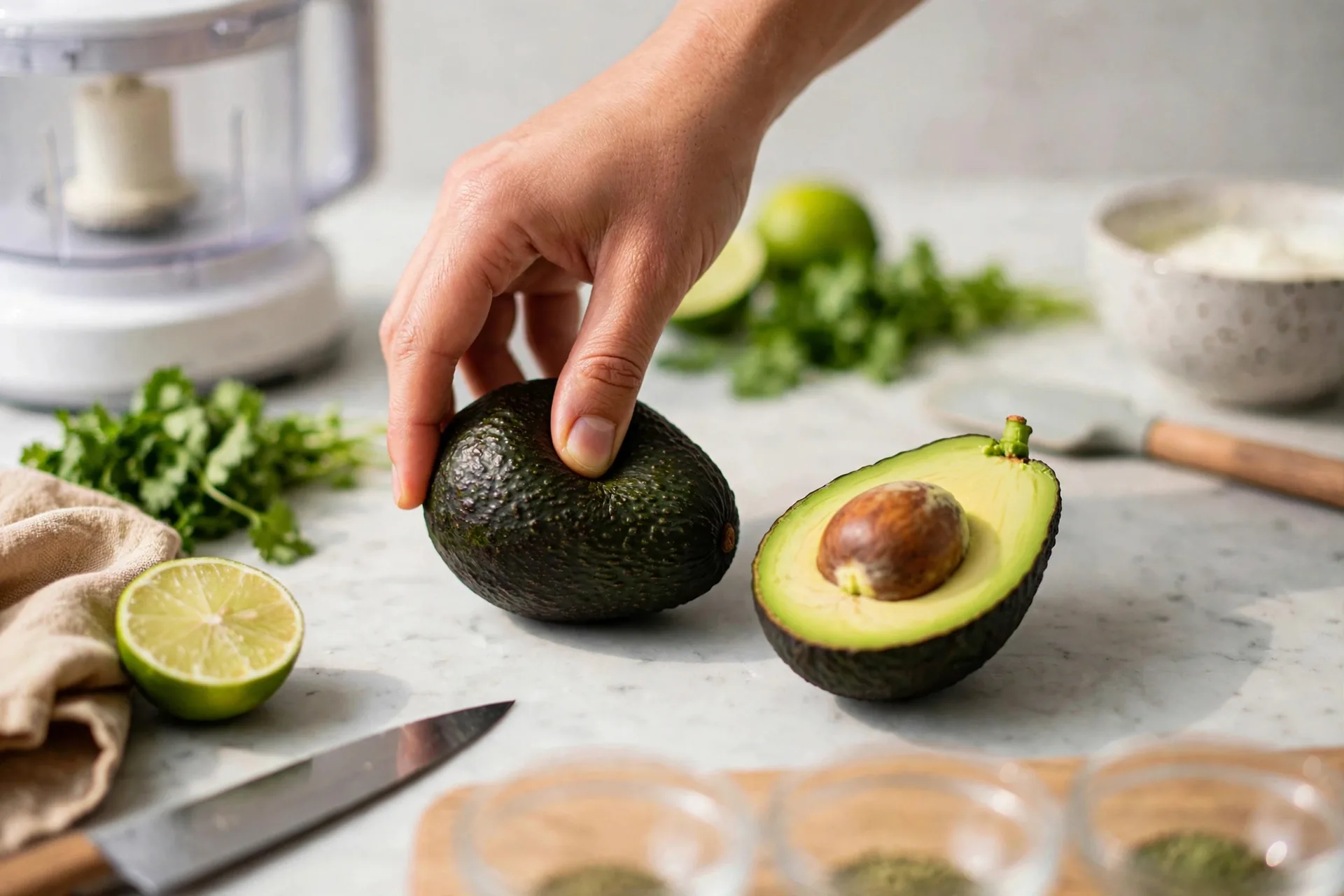 Hand pressing a ripe avocado beside a cut avocado