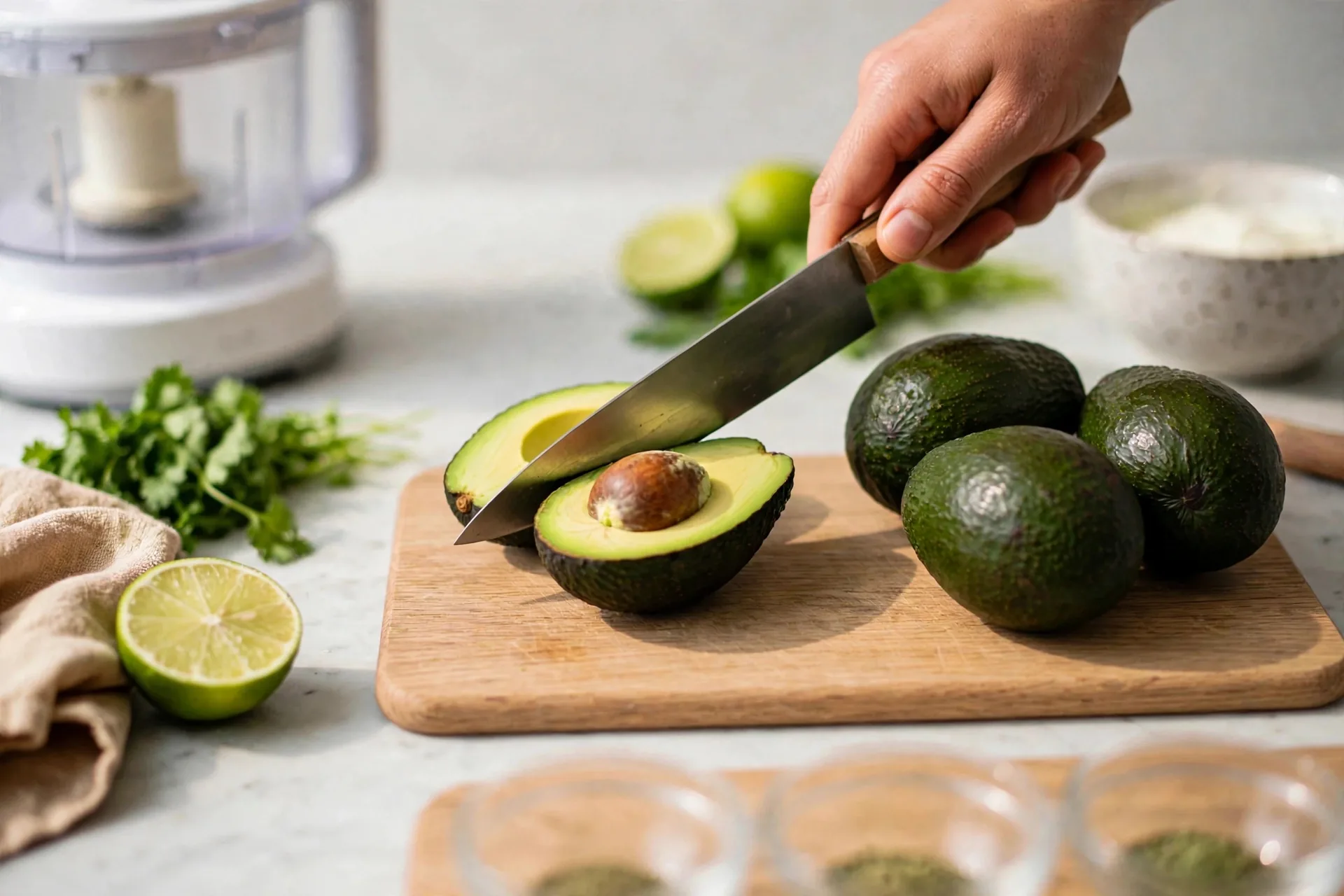 Knife cutting an avocado lengthwise on a wooden board