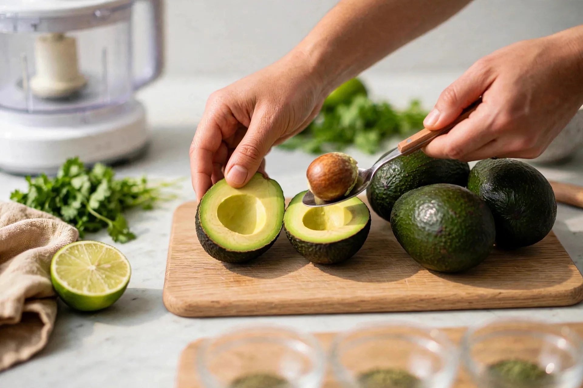 Hands twisting an avocado open with a spoon lifting the pit