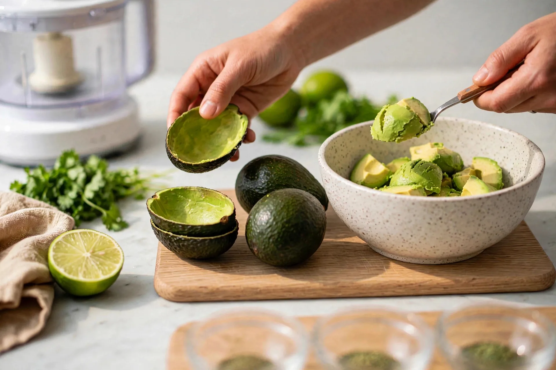 Spoon scooping avocado flesh into a mixing bowl