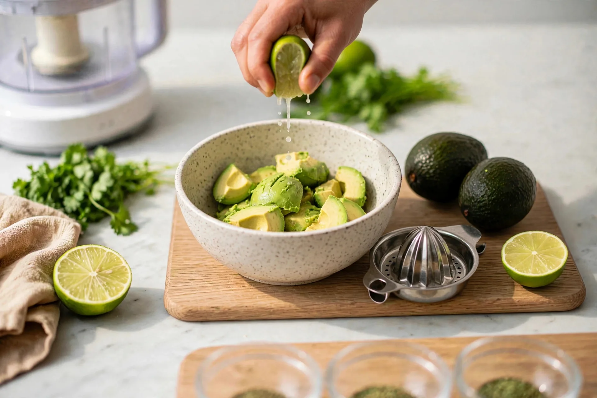 Hand squeezing lime juice over scooped avocado