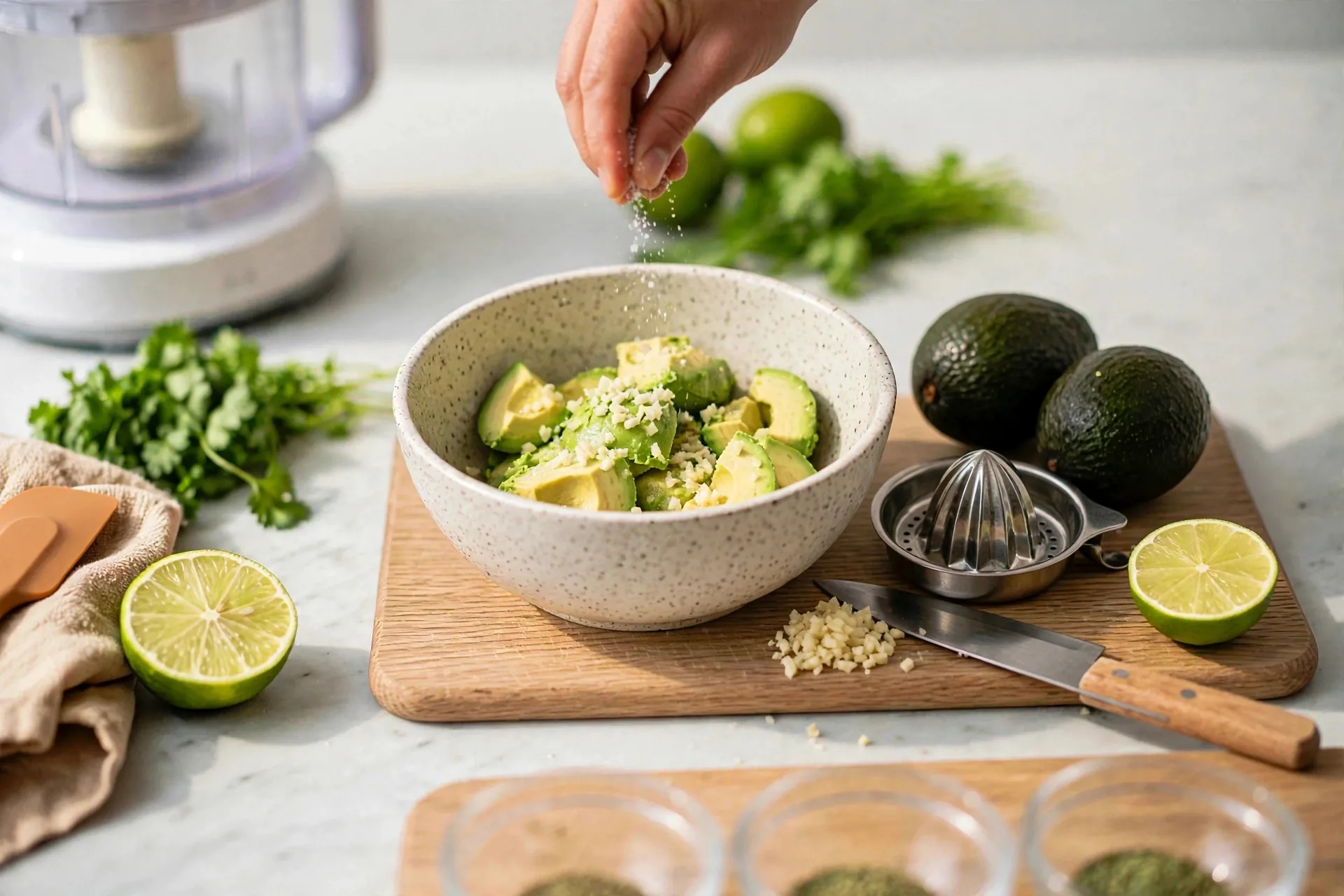 Minced garlic and salt added over lime-juiced avocado