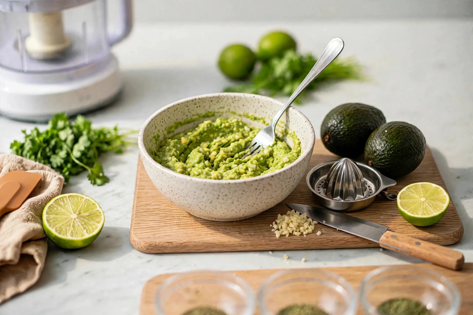 Fork mashing avocado into a bright green mash
