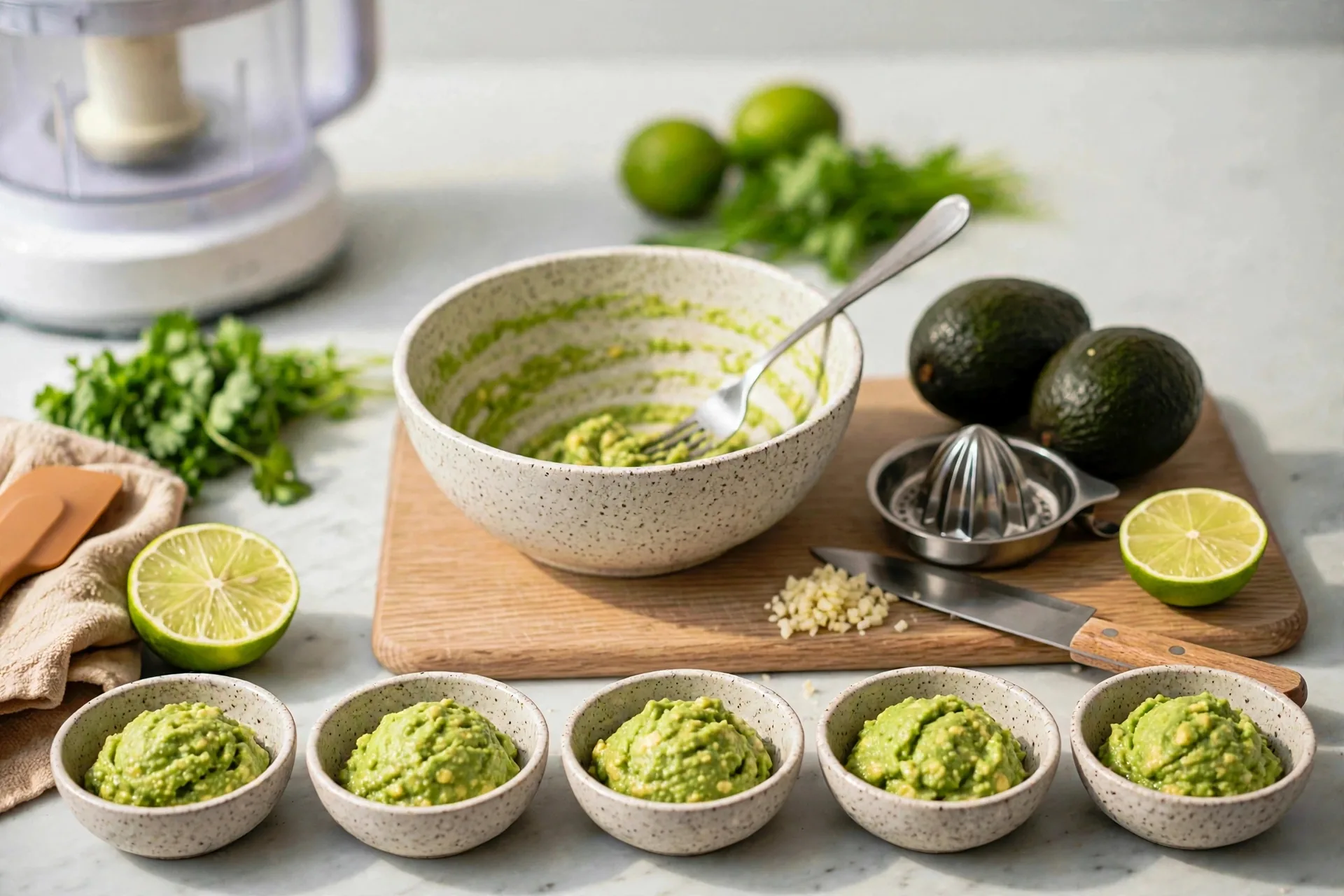 Five bowls of mashed avocado base on a marble counter