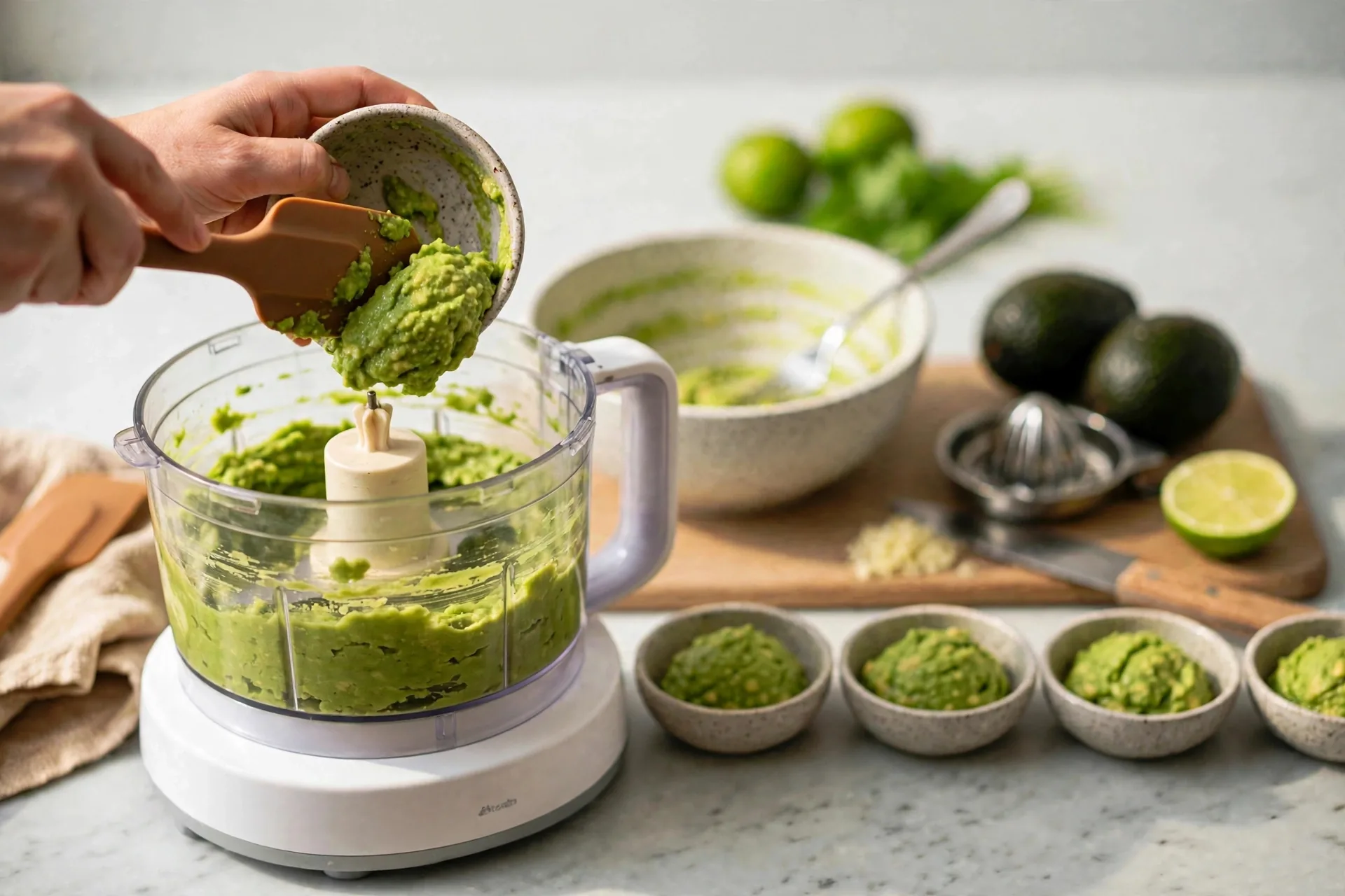 Spatula scraping mashed avocado into a food processor