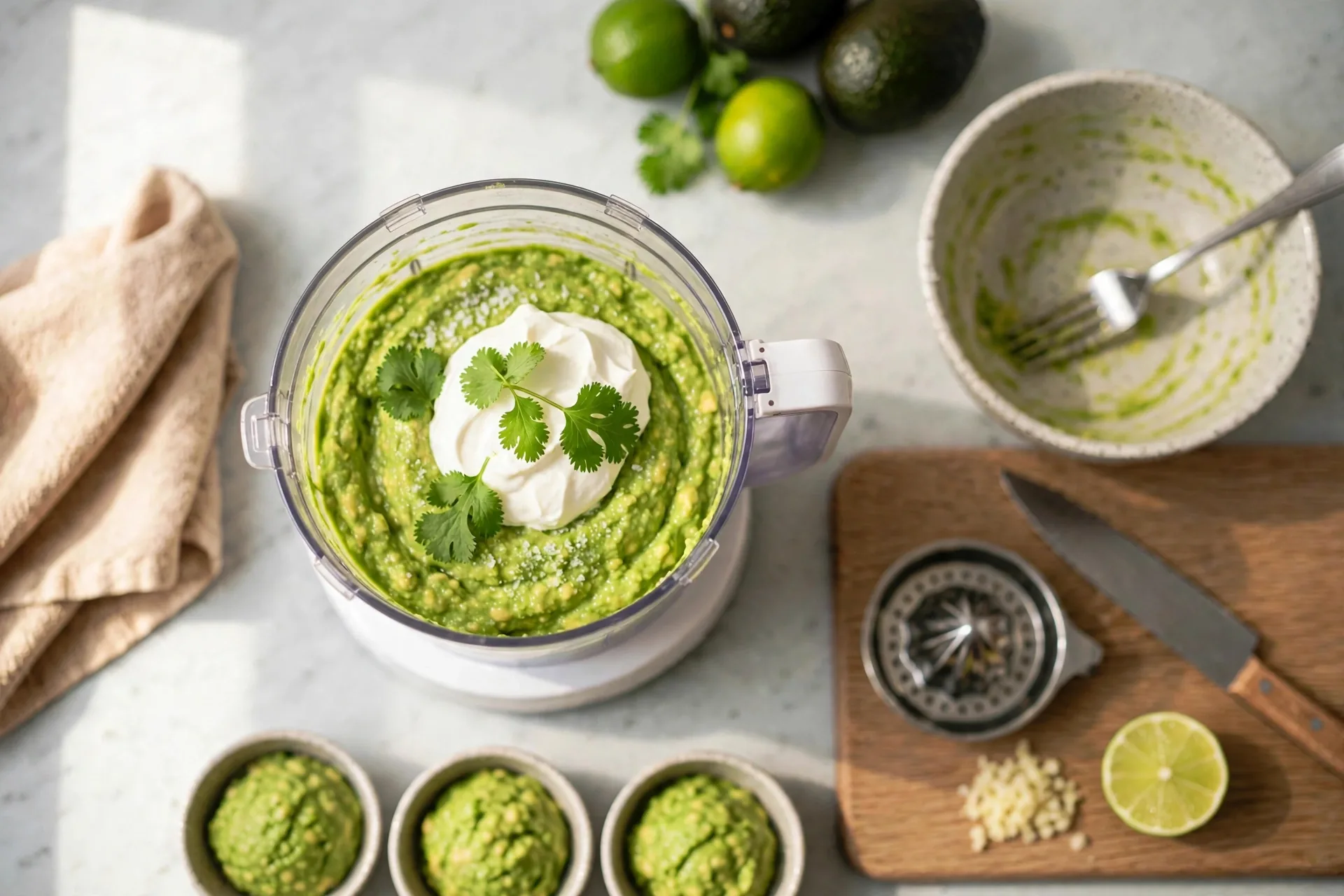 Sour cream and cilantro on avocado in a food processor