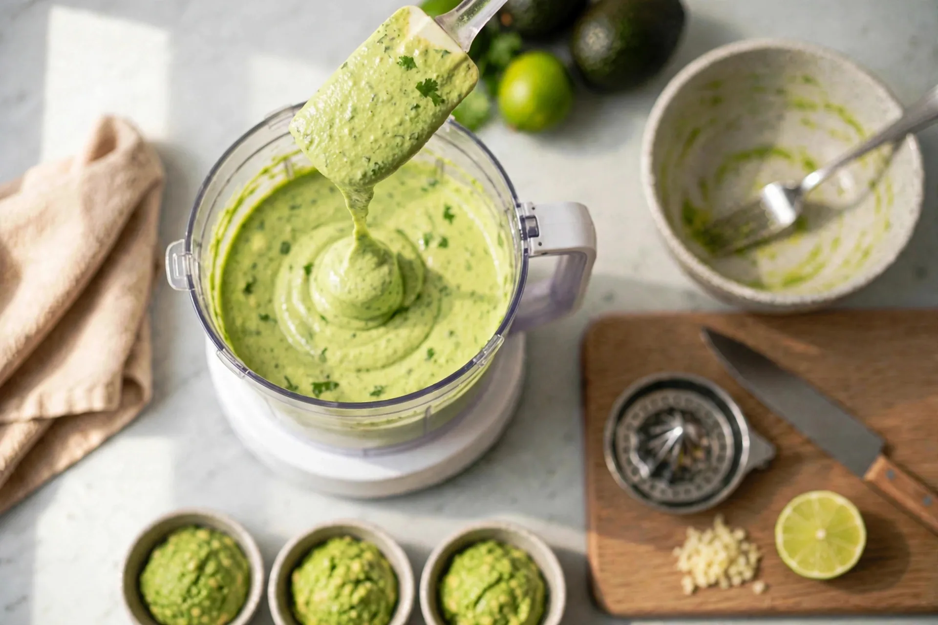 Silky pale green avocado dip blended in a food processor