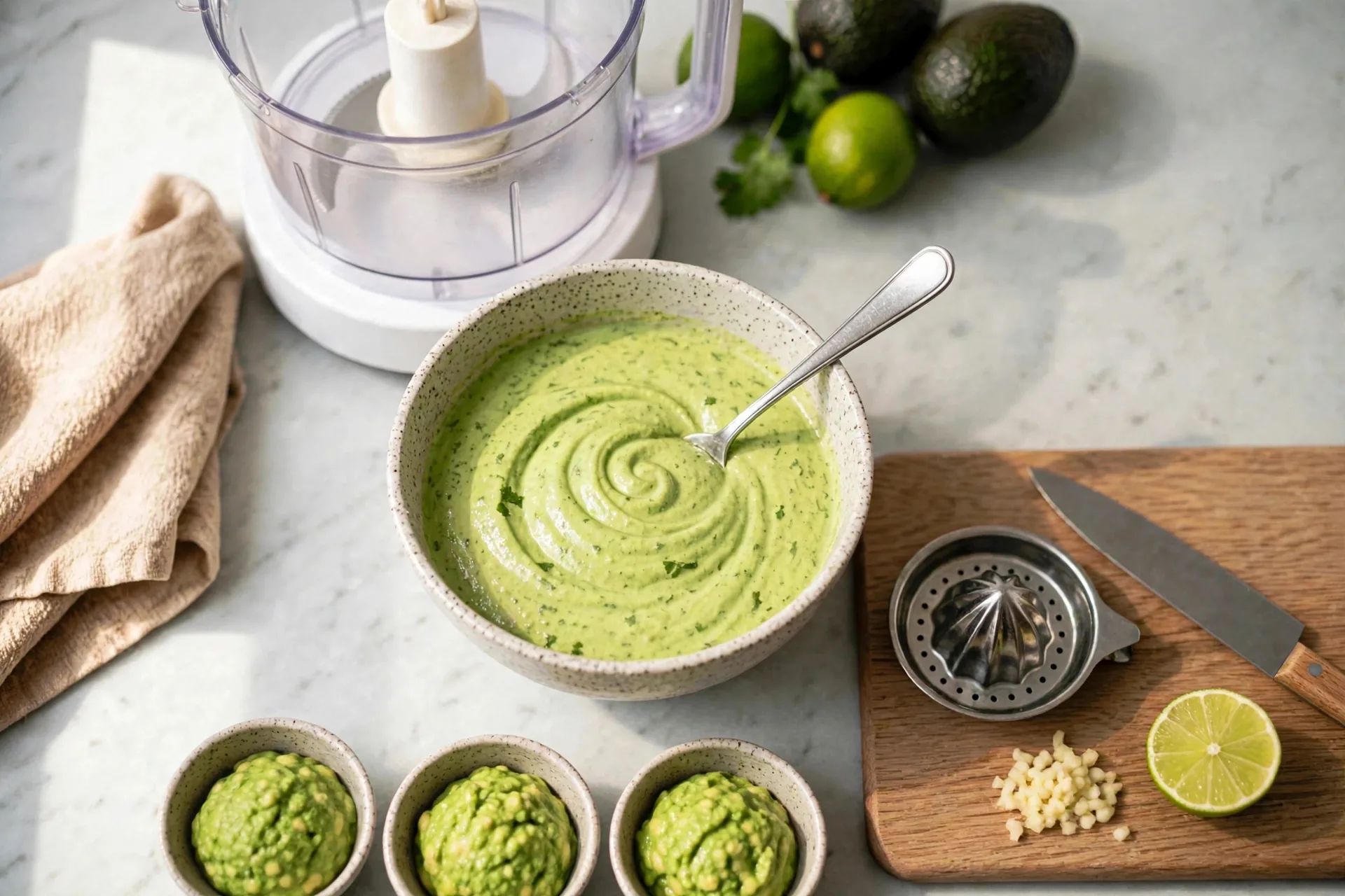 Creamy avocado dip swirled in a serving bowl