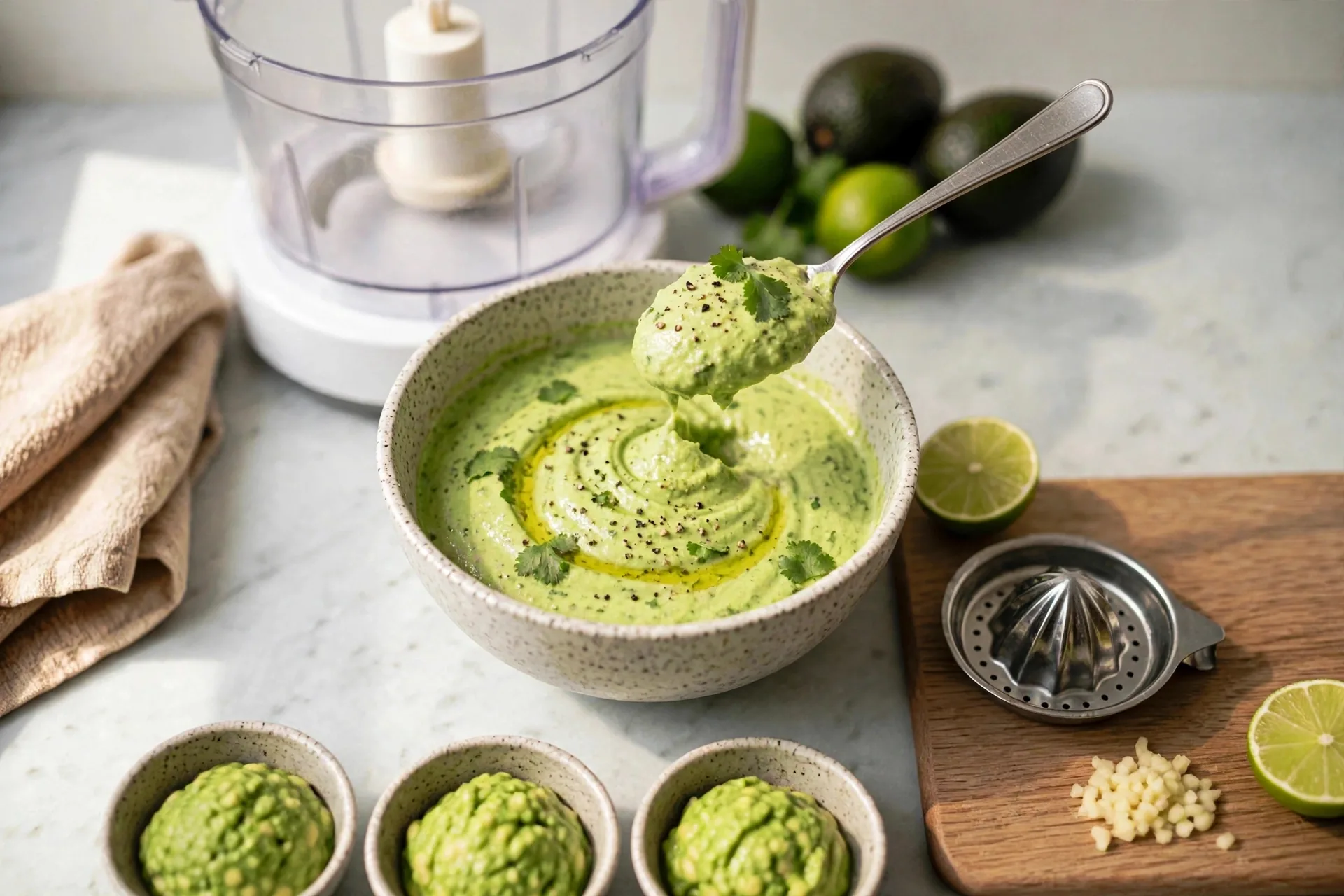 Creamy avocado dip with olive oil swirl and cilantro