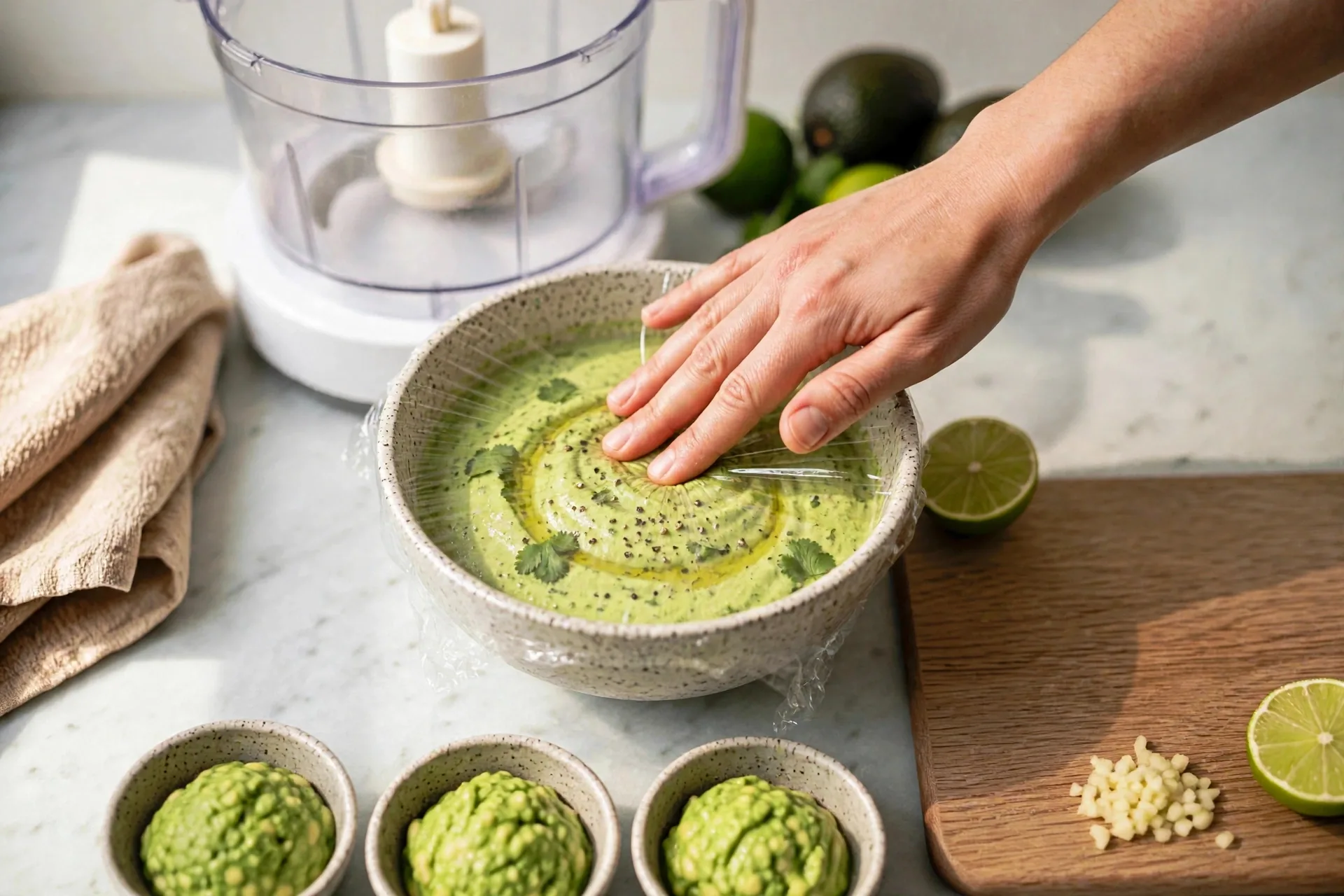 Plastic wrap pressed onto avocado dip in a bowl