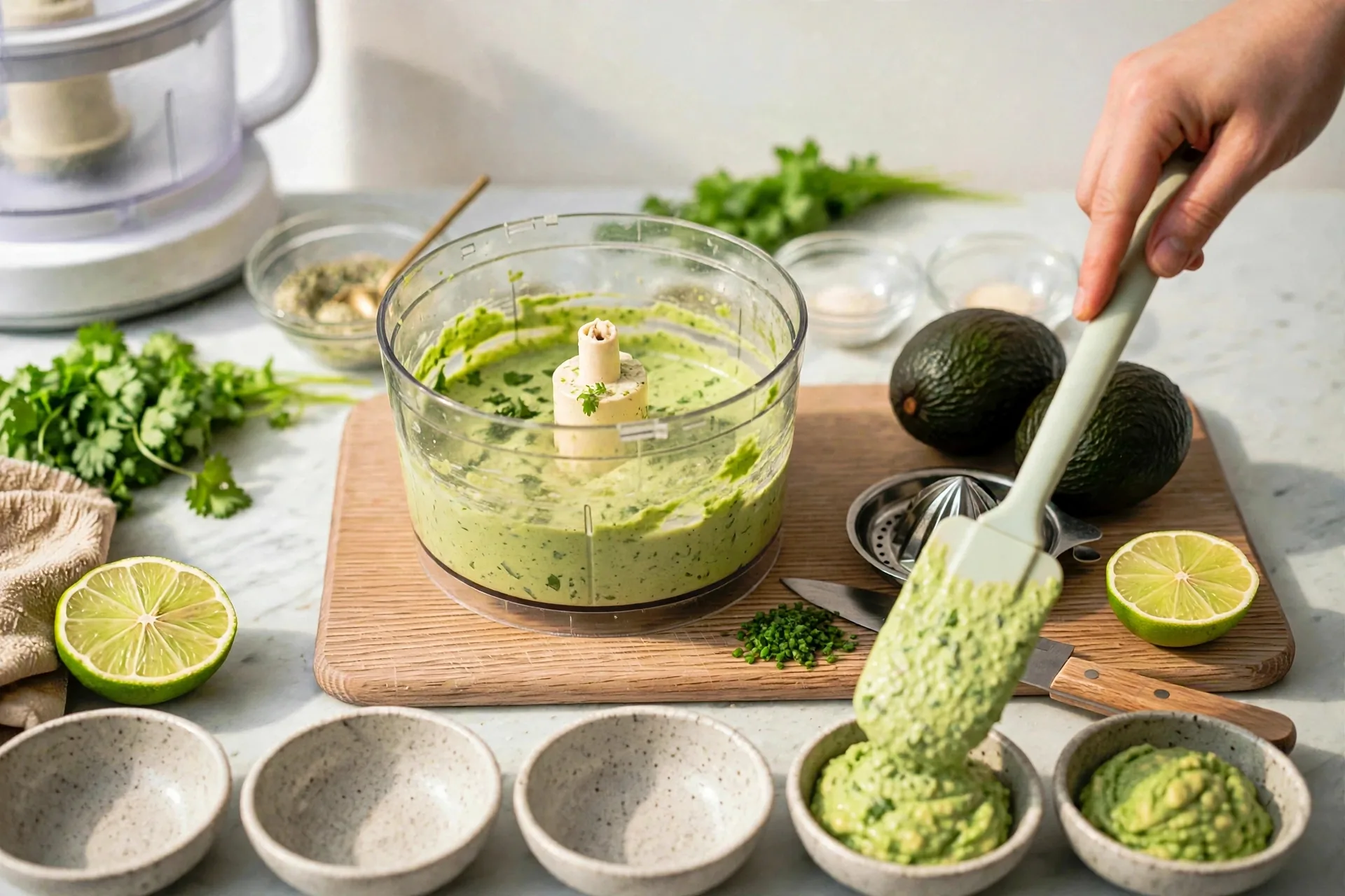 Ranch avocado dip scooped into a serving bowl
