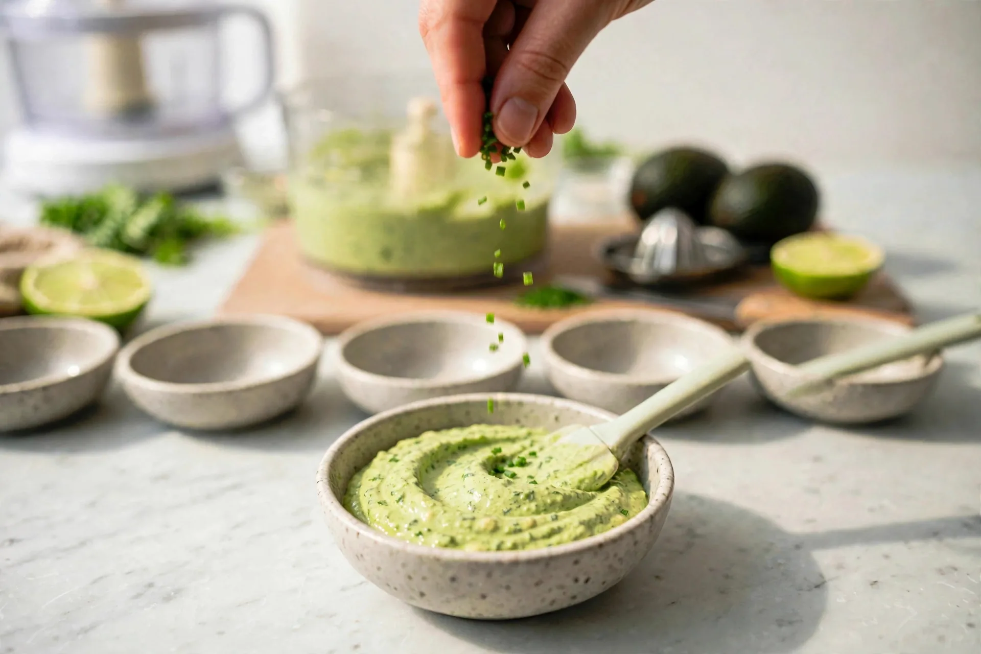 Chives sprinkled over ranch avocado dip