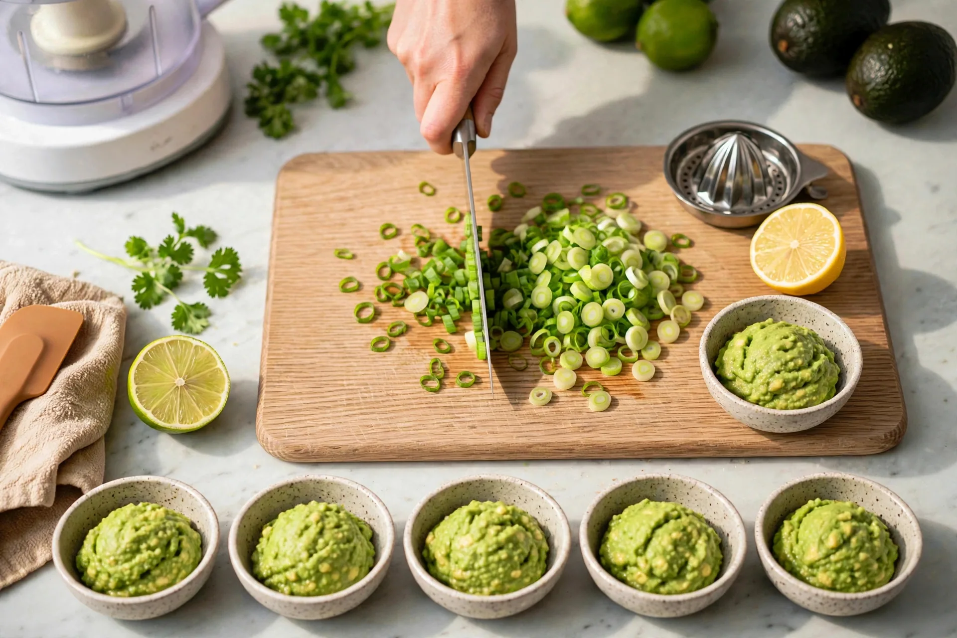 Knife slicing green onions on a wooden board