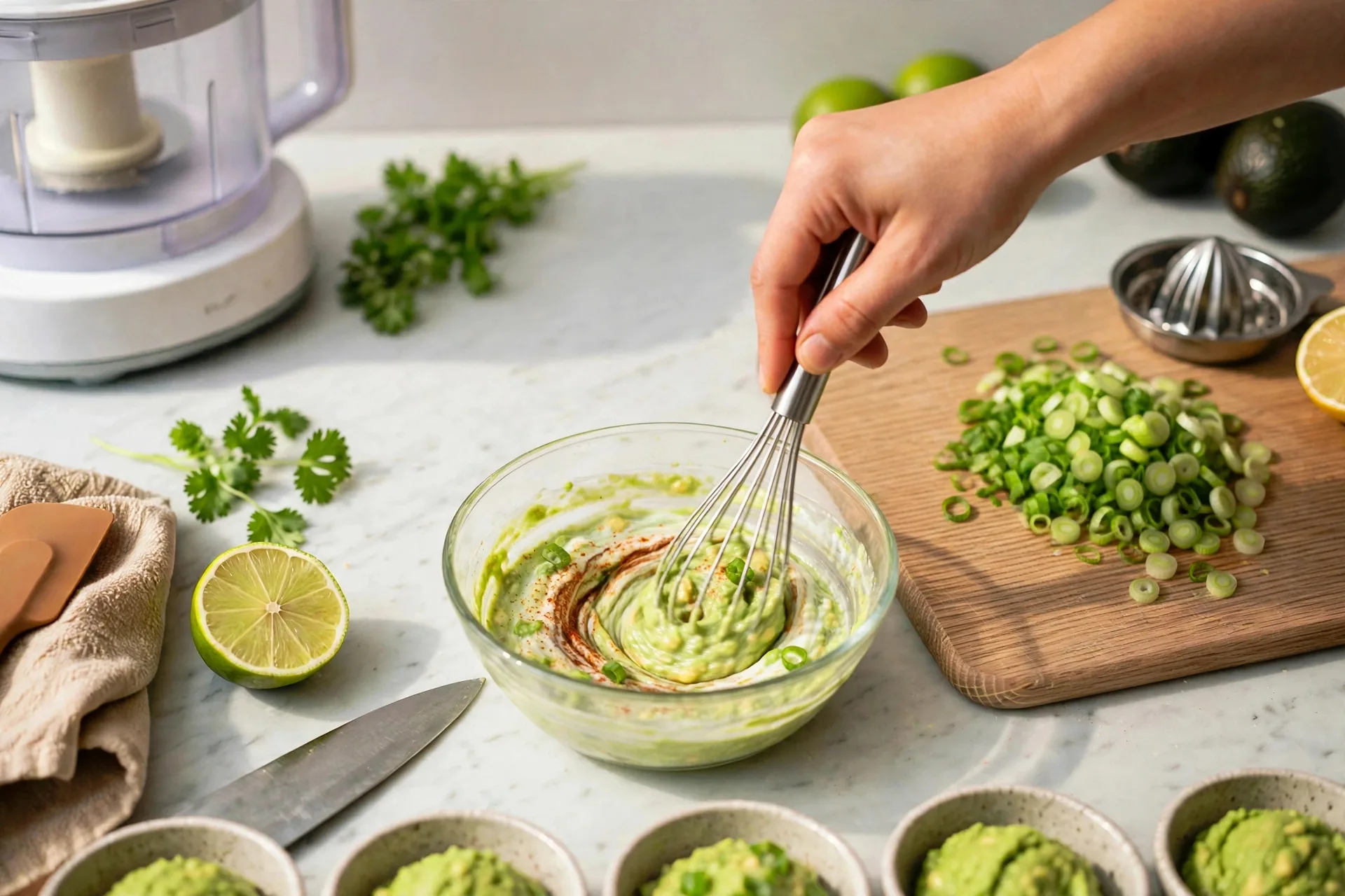 Whisk folding yogurt into avocado dip