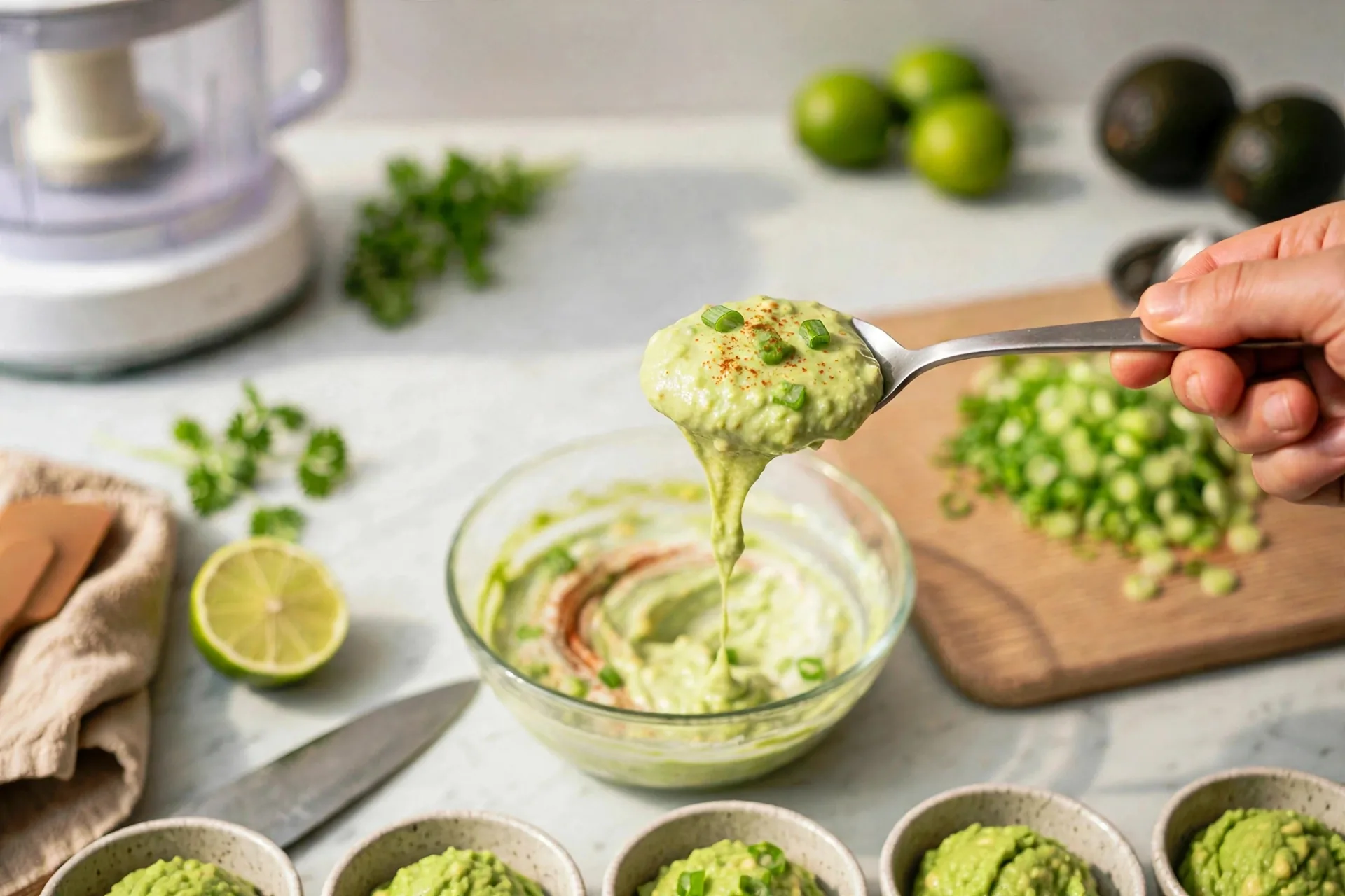 Spoon lifting thick creamy avocado yogurt dip