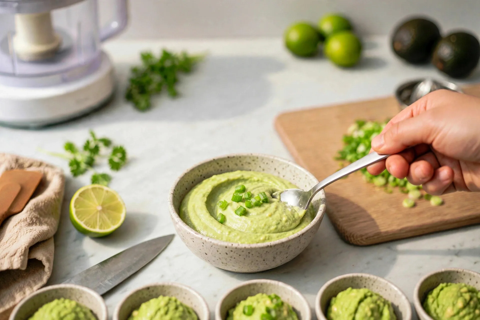 Avocado yogurt dip swooshed in a serving bowl