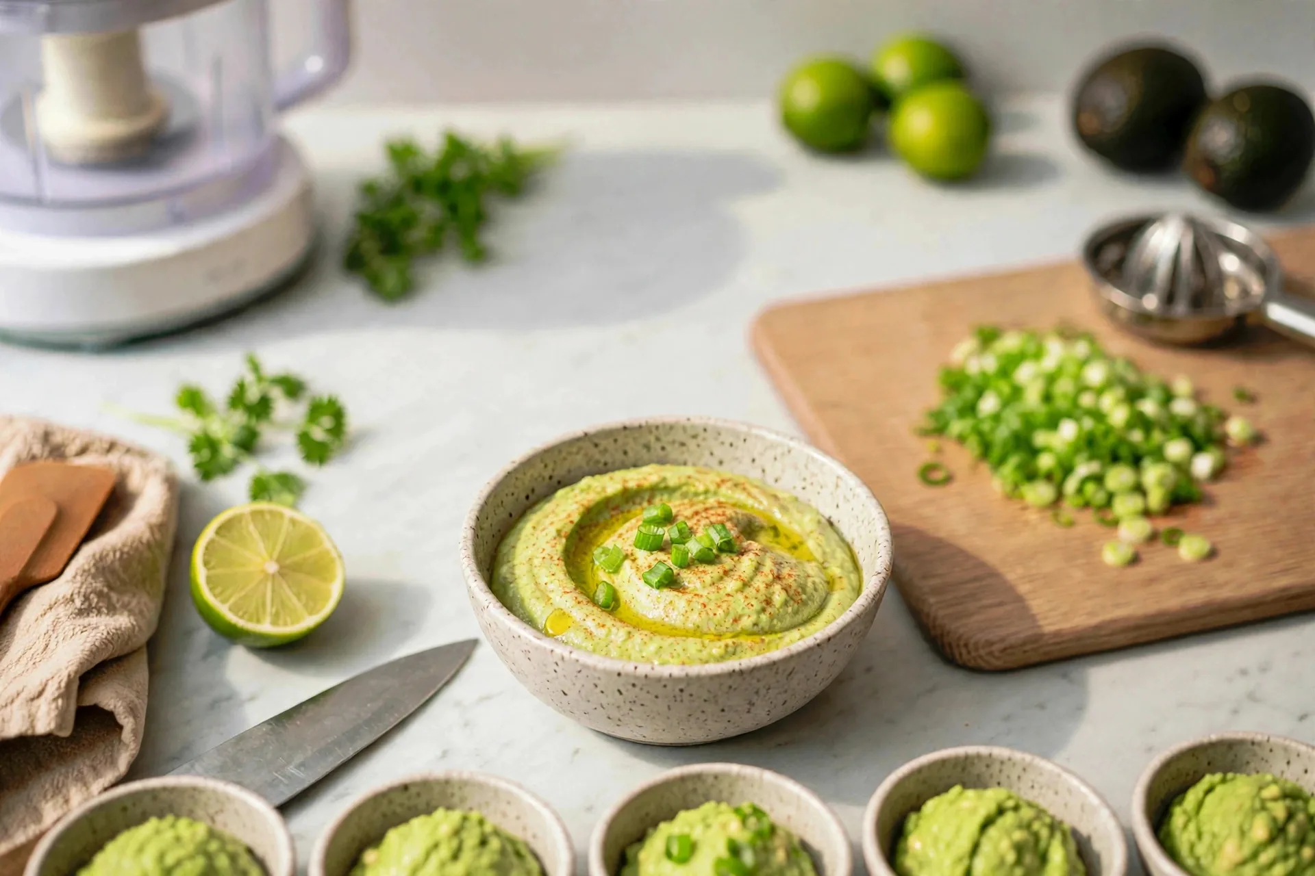 Smoked paprika and green onion garnish on avocado dip