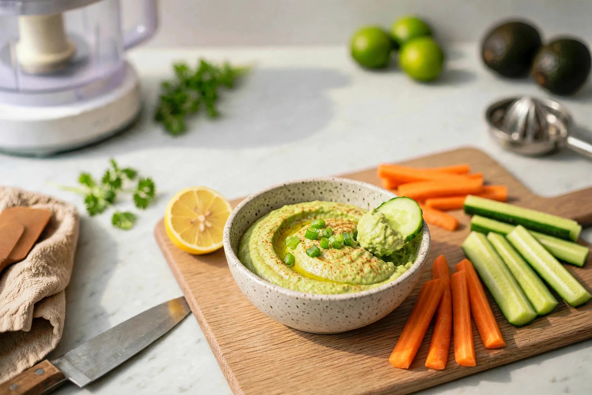 Avocado Greek yogurt dip with cucumber for dipping
